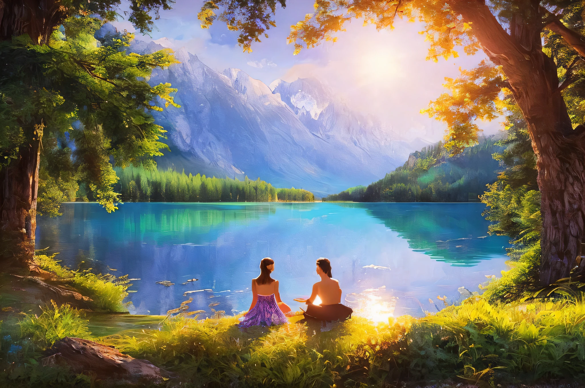 scene of a nature, 3 people, tranquil lake, sunlight, glow, scenery concept art, overgrowth. by Renoir , relaxing concept art, traditional classic concept art, a beautiful artwork illustration. high detail, background art, detailed concept art, environment design illustration, concept art highly detailed