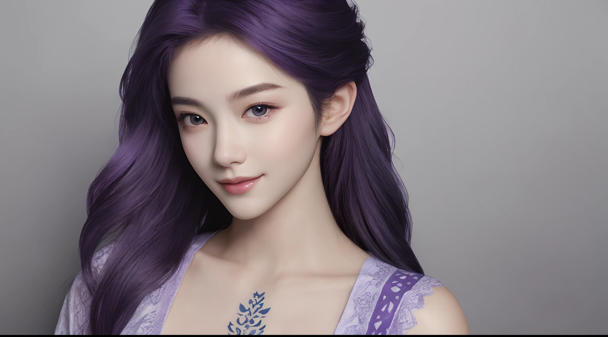 "A true masterpiece full-body portrait of a 20-year-old girl with a pretty face, cinematic lighting enhances the beauty of the woman with smooth skin, tattoos, solo, double white, double beautiful black eyes and milky white skin. purple hair. Her perfect anatomy is complemented by a very cute smile and beautiful eyes that can make anyone who looks at them fall in love. Head frame gracefully accentuates her beauty. Her face is very detailed, the image is 12k quality."