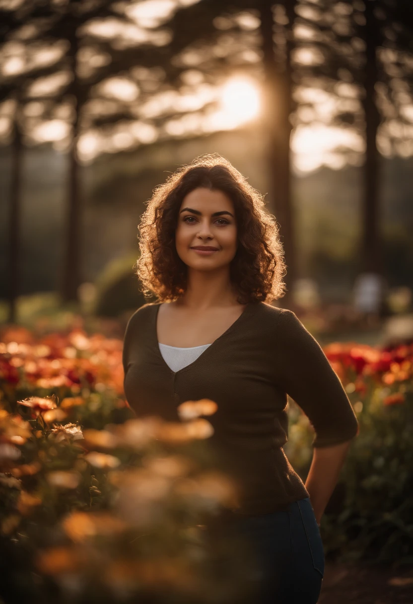 mulher de costa nua em parque gramado com flores e entardecer,