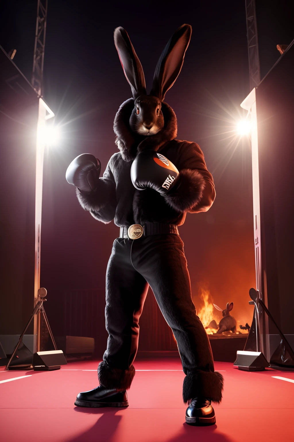 a raven, muscular rabbit, The rabbit wears boxing gloves, black metal fur and glossy hair, strong, full color night, spotlights,big rabbit's feet, super bunny