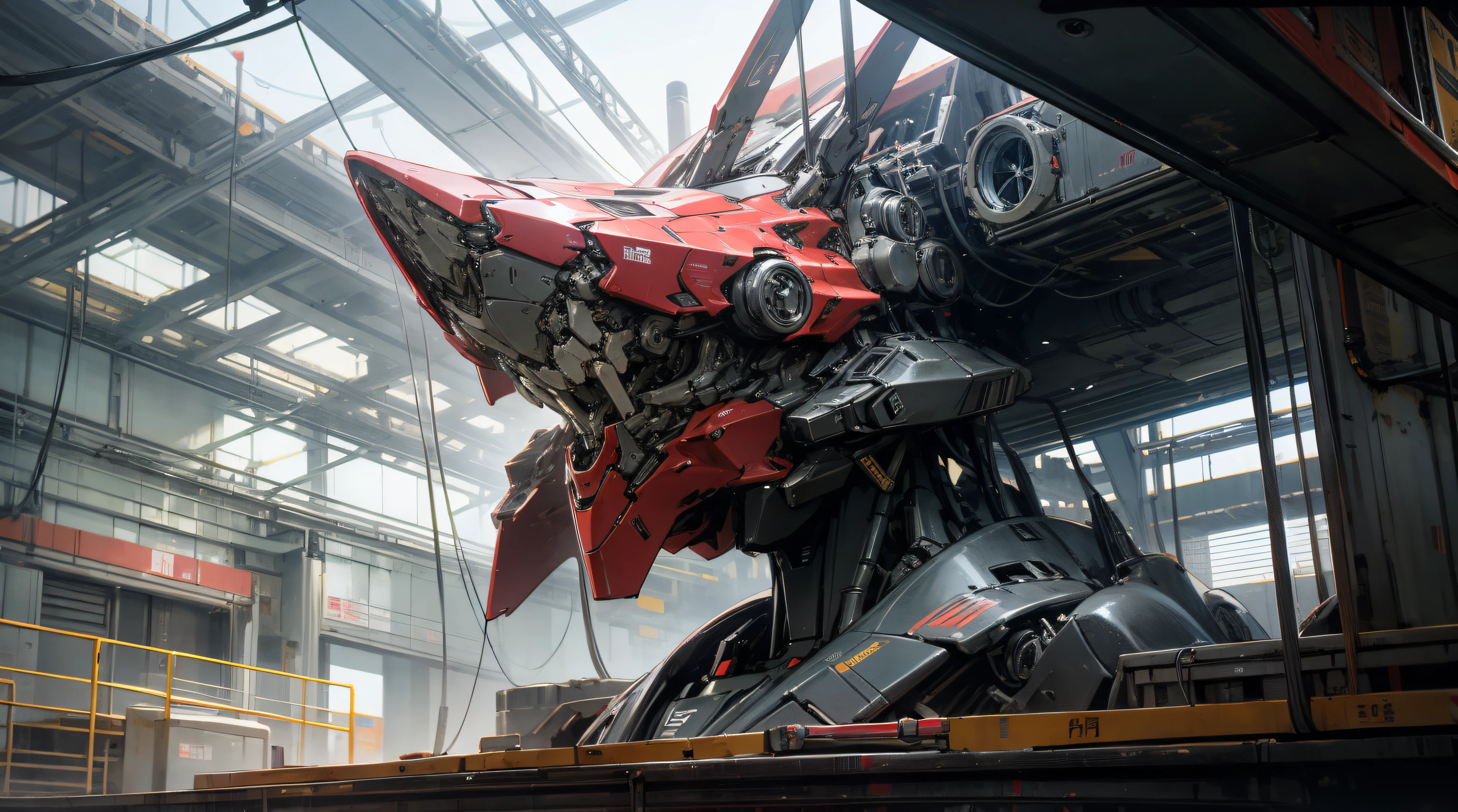 In the military base、Mecha robot docked in place、Captured from center with a wide-angle camera、high-detail、 Profile view,