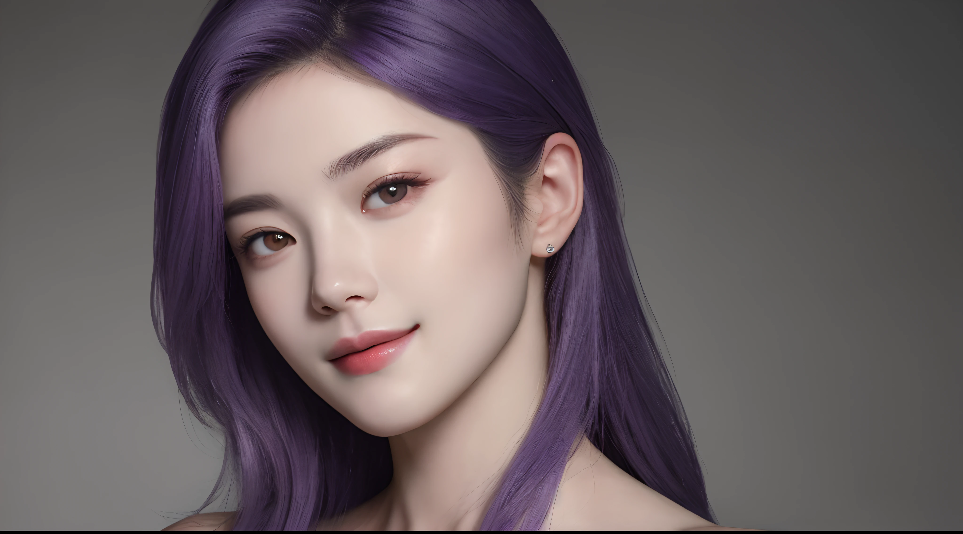 "A true masterpiece full-body portrait of a 20-year-old girl with a pretty face, cinematic lighting enhances the beauty of the woman with smooth skin, tattoos, solo, double white, double beautiful black eyes and milky white skin. purple hair. Her perfect anatomy is complemented by a very cute smile and beautiful eyes that can make anyone who looks at them fall in love. Head frame gracefully accentuates her beauty. Her face is very detailed, the image is 12k quality."