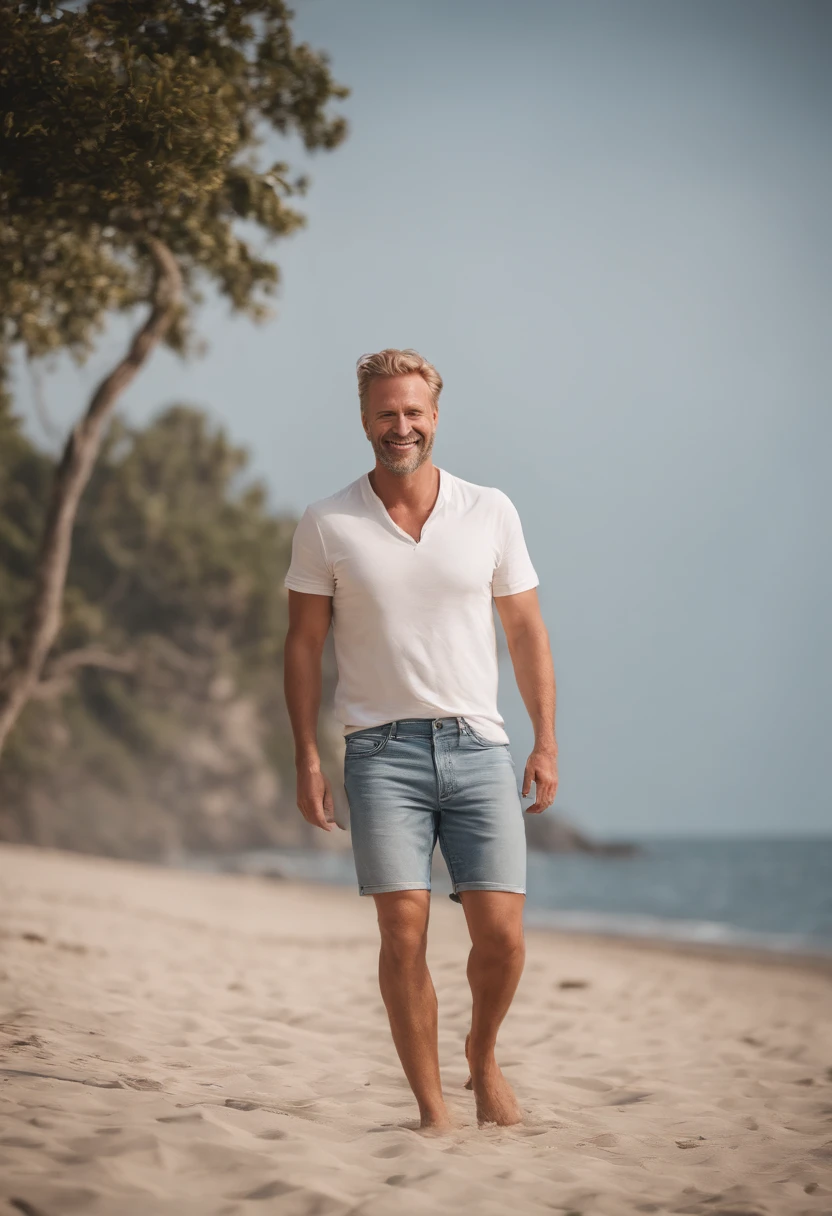 Portrait of a father, white skin color, Dutch, blond hair, wearing plain, white shirt, denim shorts, sea, smile, ultrasharp, 8K, masterpiece