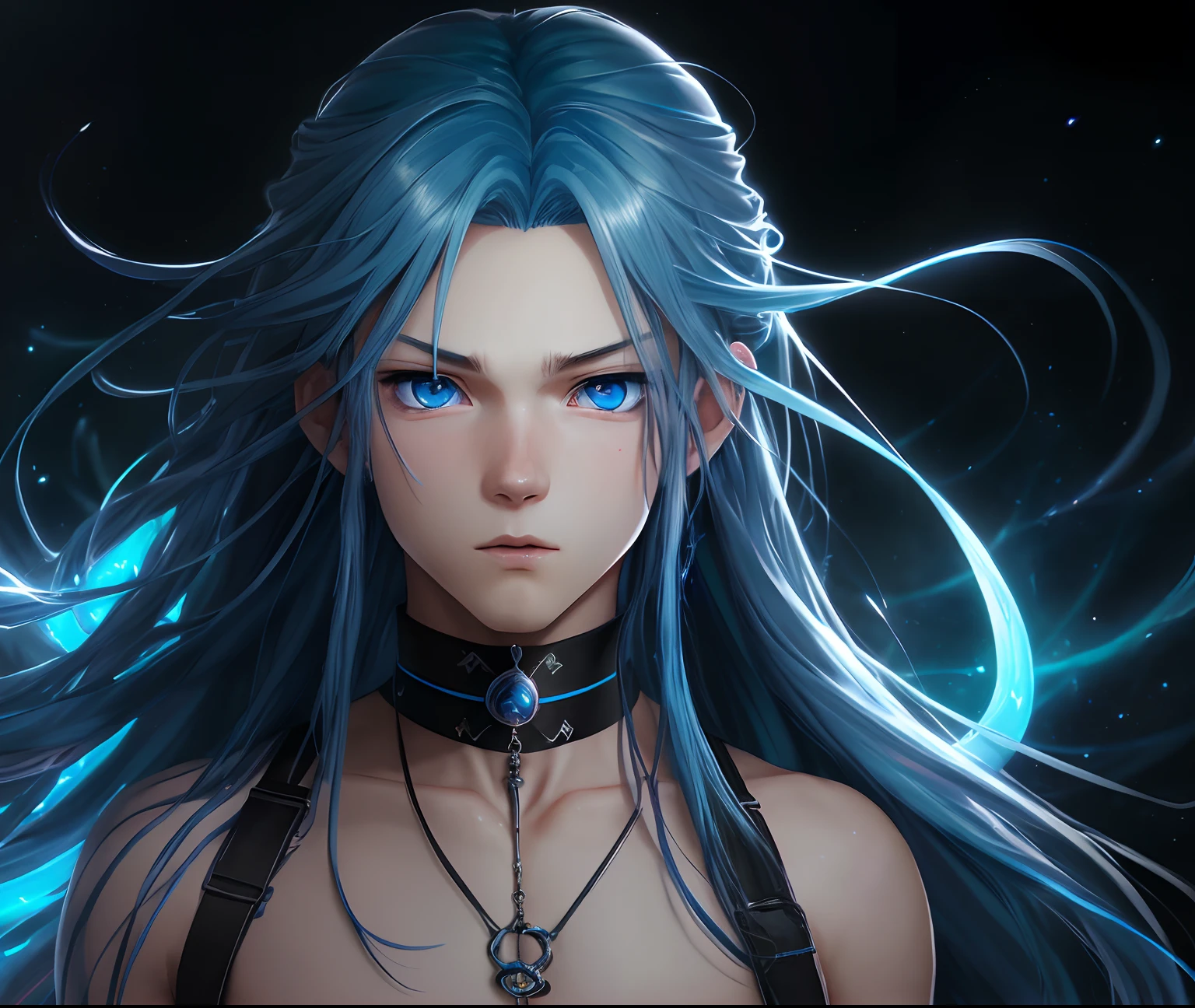 (highres:1.2), ultra-detailed, anime, color aberration, 1 boy, long hair, blue hair, tied-up hair, intense gaze, choker, seductive hips, blue eyes, digital painting, dynamic pose, vibrant colors, fantasy background, soft lighting