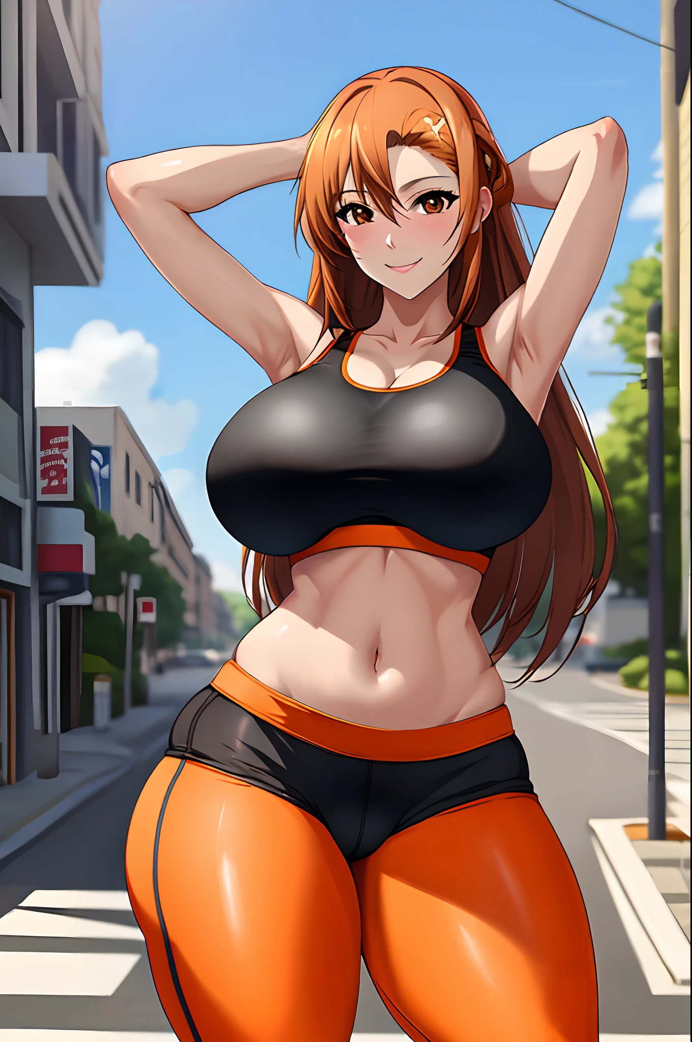 masterpiece, best quality, asuna yuuki in sports bra and yoga pants, gigantic breasts, saggy breasts, KC Style, arms behind back looking at viewer smiling, brown eyes, outdoors, street, wide hips, thick thighs,dynamic pose, light orange hair