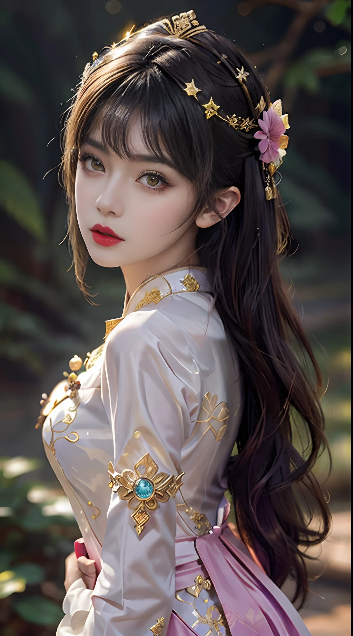 1 27-year-old girl, 1 zodiac goddess from the future, goddess of the pink and purple 12 zodiacs, the goddess of the zodiac in a yellow ao dai, a 12 zodiac ao dai with many black lace detail, mythology Goddess of the 12 zodiacs from the future, zodiac ♏, luxurious glittering zodiac style, dark and mysterious version, zodiac crown, lipstick lips red, thin and beautiful lips, mouth closed, characters made by karol bak and pino daeni, intricate detail, detailed background, extremely detailed, light magic, a woman, clear face, hair long with bangs, beautiful face in detail and well-proportioned eyes, (transparent yellow eyes: 1.8), big round eyes and very beautiful and detailed makeup, foresight, silk dress, mysterious makeup , double bangs and dyed light blonde , upper half portrait, zodiac goddess portrait, arms hanging loosely, Realistic and vivid photo, (stars make up the zodiac: 1.7), (sky background zodiac and fictitious space and time portal: 1.8), fiction art, RAW photo, hanfu picture, best photo, best photo quality, 8k quality, 8k ultra, super realistic, real photo most economical, the goddess poses sexy and seductive,