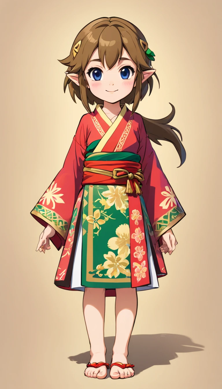 "Create cute cartoon style drawings, A 7-year-old Japanese girl smiled slightly, Similar to Blythe dolls. She wears a kimono, Brunette style is Bob, Dark eyes, Cute little nose, and slender figure. The girl stands face forward，Hands hang at your sides, Legs straight, and feet pointing forward.full bodyesbian，Barefoot，Shoot at medium distance"