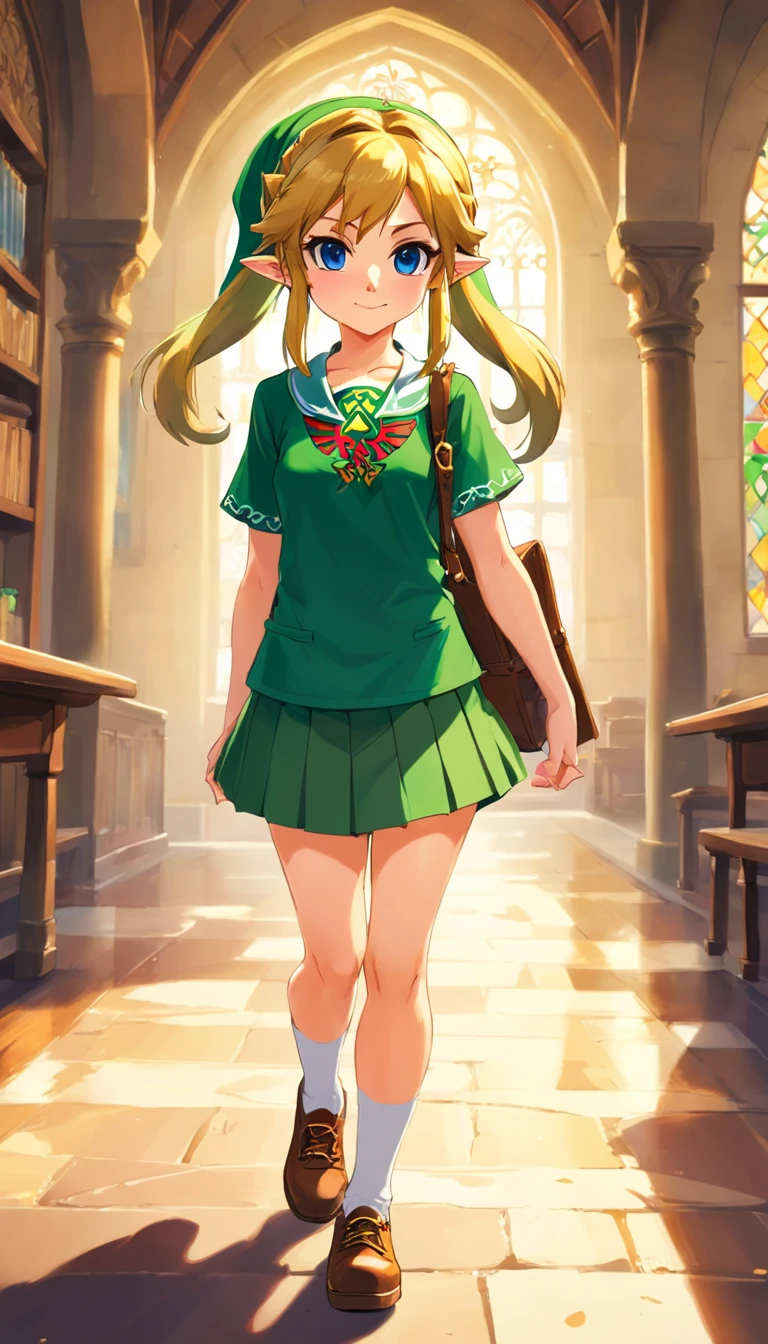 one-girl,in school uniform,With two small pigtails,athletic sneakers,lively and lovely,frontage,standing on your feet,Round duck egg face,style of anime