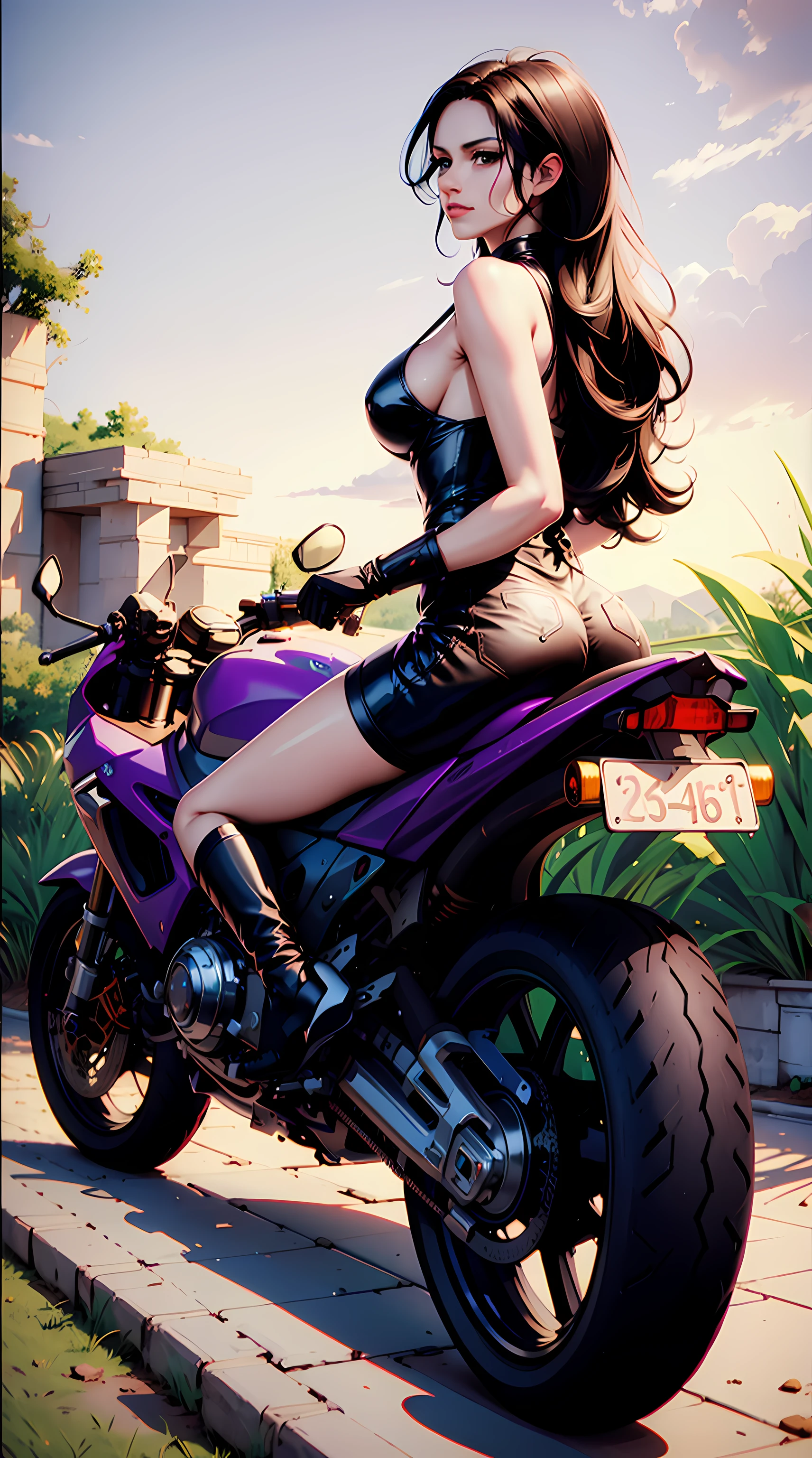 yhmotorbike, NicoRobinV3, Nico Robin from One Piece anime, long hair, black hair, bangs, beauty, beautiful woman, perfect body, perfect breasts, motorbike, kawasaki ninja, riding a sports motorbike, purple motorbike, wearing racing boots, wearing gloves, racing overalls, racing wearpack, is in the parking area, gas station, looking at the viewer, realism, a slight smile, masterpiece, leather textured, super detailed, high detail, high quality, best quality, 1080p, 16k