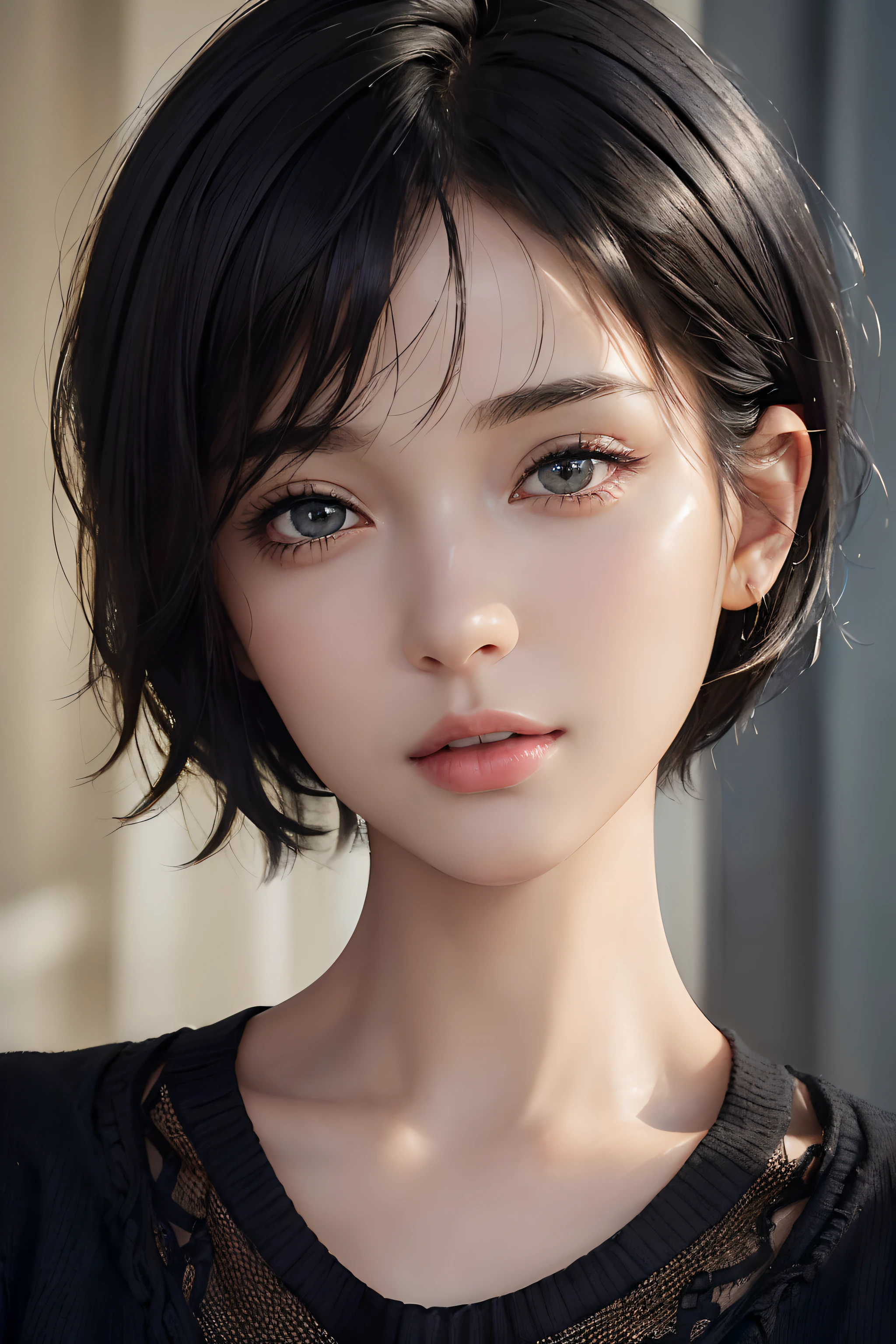 (masterpiece:1.3), (8k, photorealistic, RAW photo, best quality: 1.4), (1girl), beautiful face, (realistic face), (black hair, short hair:1.3), beautiful hairstyle, realistic eyes, beautiful detailed eyes, (realistic skin), beautiful skin, (sweater), absurdres, attractive, ultra high res, ultra realistic, highly detailed, golden ratio