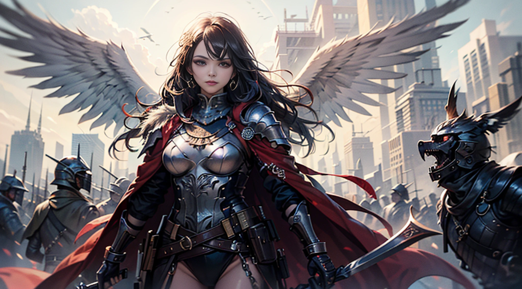 ((melhor qualidade)), ((obra-prima)), (detalhado), 1girl, solo, corpo inteiro, valkyrie, anjo, armadura valkyrie, asas de anjo, capacete alado, mulher, gaodanvshen, [espada: fogo: 1.5] e [escudo: gelo: 1.5], espada e escudo --auto