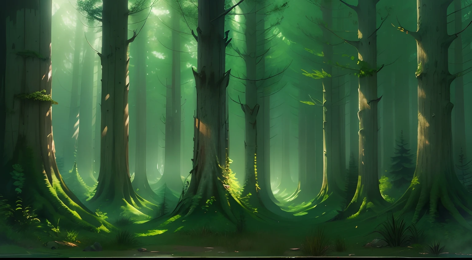 A painting of a forest with a lot of trees and moss - SeaArt AI