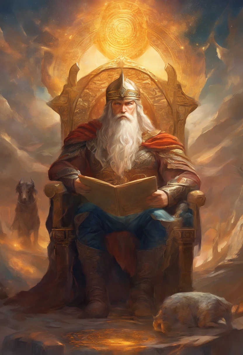 image de Viking odin assis sur la chaise en train de lire un papier, portrait, regard de face