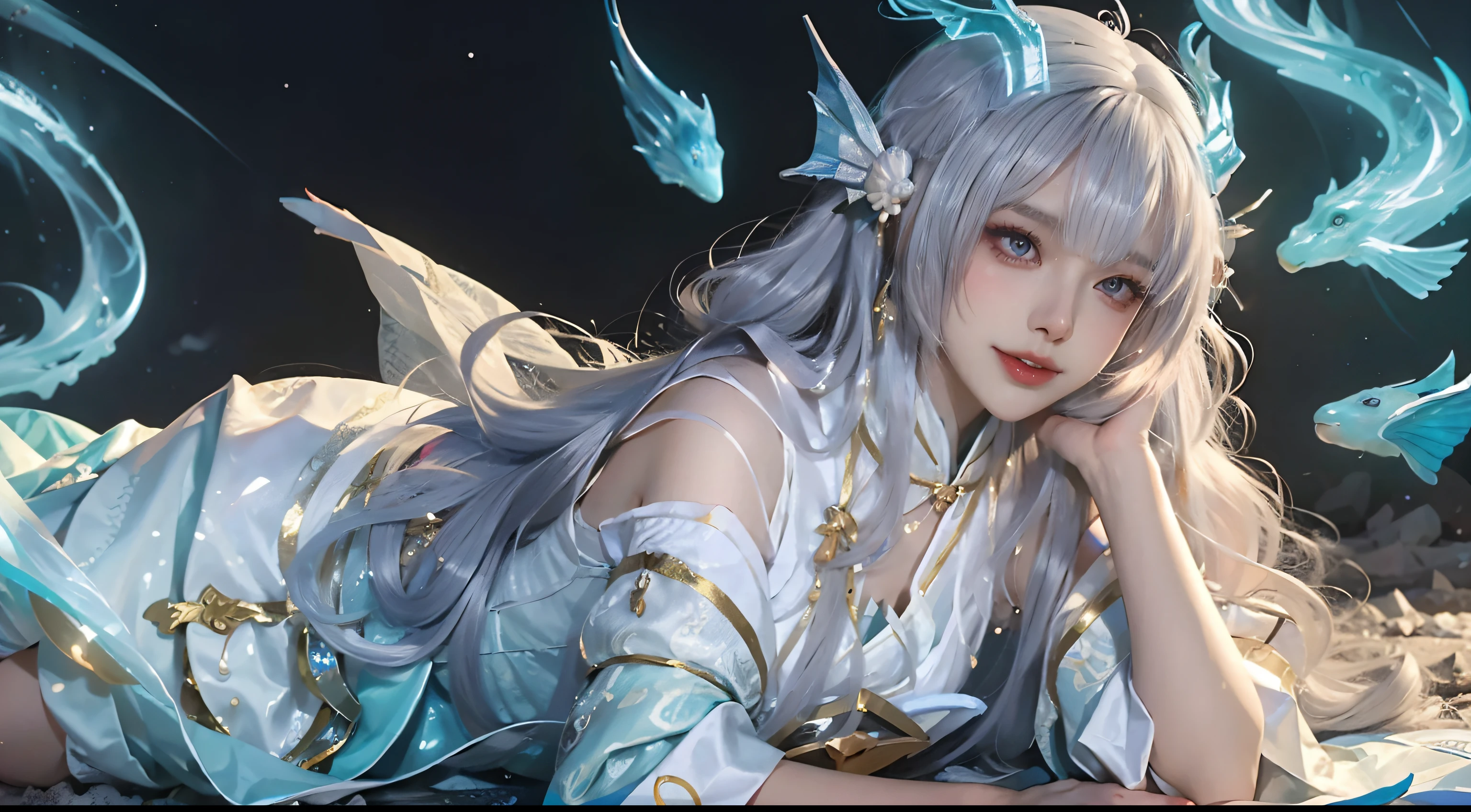 Close-up of a woman in a costume,Beautiful celestial mage,Amazing young ethereal characters,shaxi,A flowing magic robe,White Hanfu,xianxia fantasy,Beauty Delfin,Ethereal fantasy,Elegant and charming cosplay,Half lying on the ground,Feminine and colorful,It's tumultuous,nighttime scene,Lots of neon