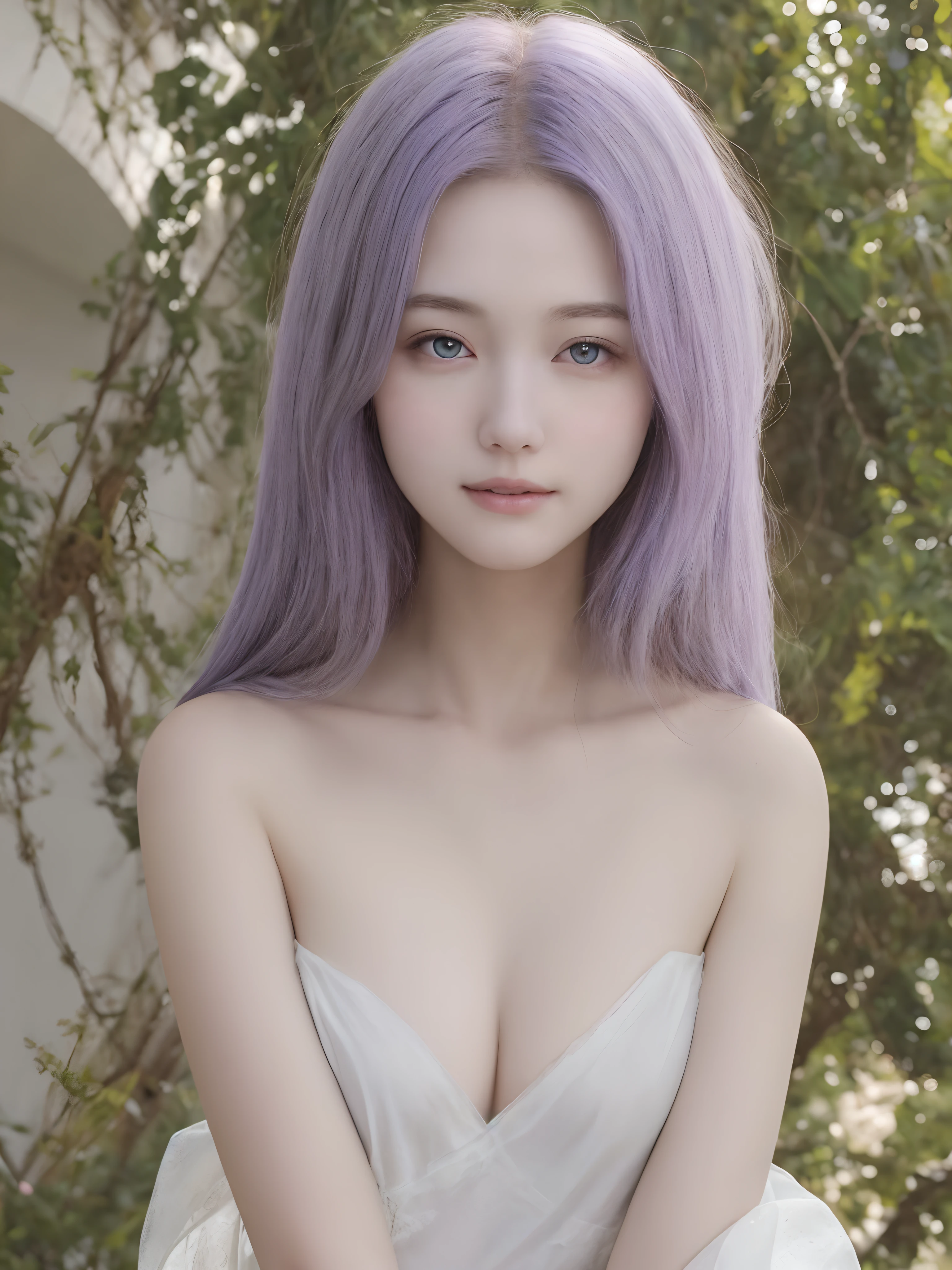 "A true masterpiece of a full-body portrait of a 20-year-old girl with a pretty face, cinematic lighting enhances the beauty of the woman with smooth, solo, double white skin, beautiful dark eyes and milky white skin. Light purple hair. Her perfect anatomy is complemented by a very cute smile and beautiful eyes that can make anyone who looks at her fall in love. The graceful head frame makes highlights her beauty. Her face is very detailed, 12k quality image."