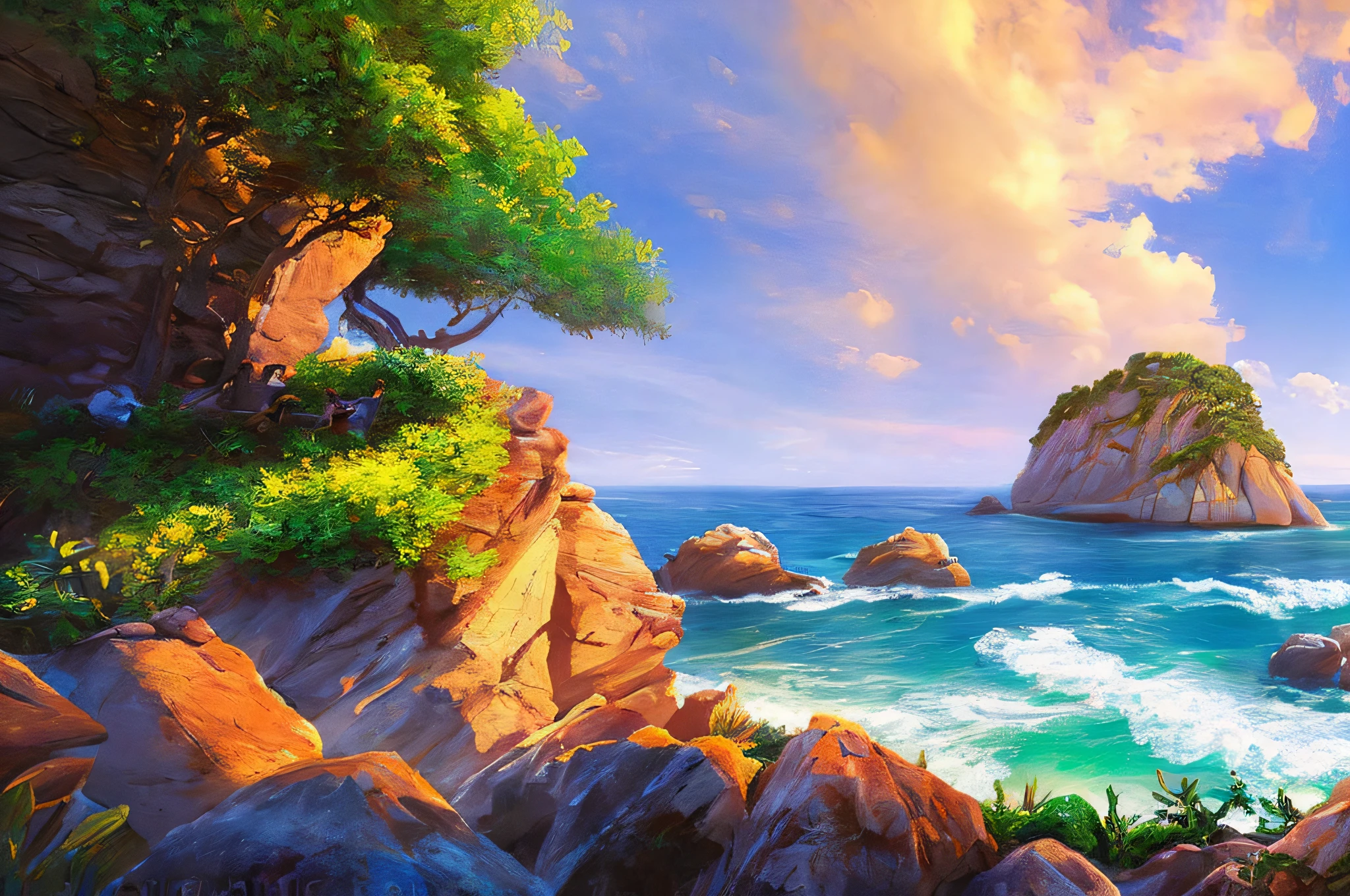 scene of a rocks, 3 people, bustling sea, sunlight, glow, scenery concept art, overgrowth. by Renoir , relaxing concept art, traditional classic concept art, a beautiful artwork illustration. high detail, background art, detailed concept art, environment design illustration, concept art highly detailed