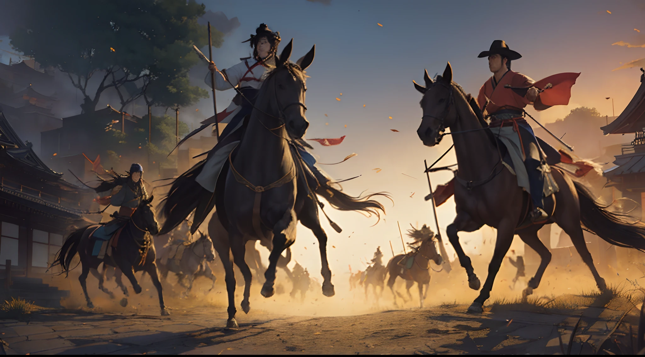 There are a lot of people on horseback on the streets, feudal japan art, Cavalry Charge, 3840 x 2160, 3840 x 2160, by Yang J, Game Illustration, feudal japanese setting, traditional japanese concept art, andreas rocha style, by Ni Yuanlu, detailed game art illustration