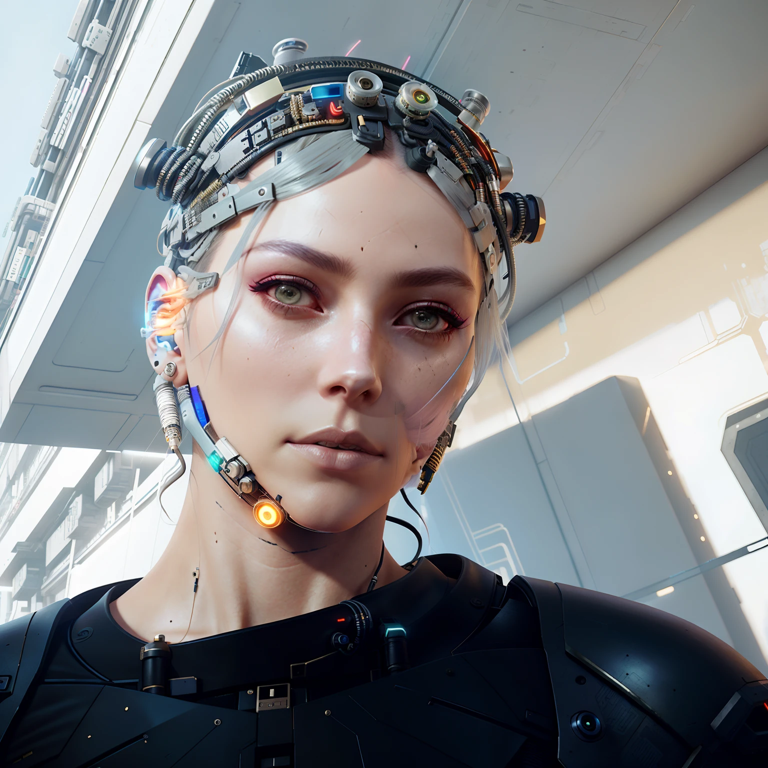 There was a woman in a headdress，Wearing a camera on your head, hyper realistic cyberpunk style, Cyberpunk headset, Cyberpunk style ， A hyper-realistic, styled like ghost in the shell, Muted cyberpunk style, Cyberpunk headdress, Cyberpunk transhumanist, It has a cyberpunk style, Portrait of a cyberpunk machine, cyborg - girl, Show on《cyberpunk 2077》Curly, Improved cyborgs