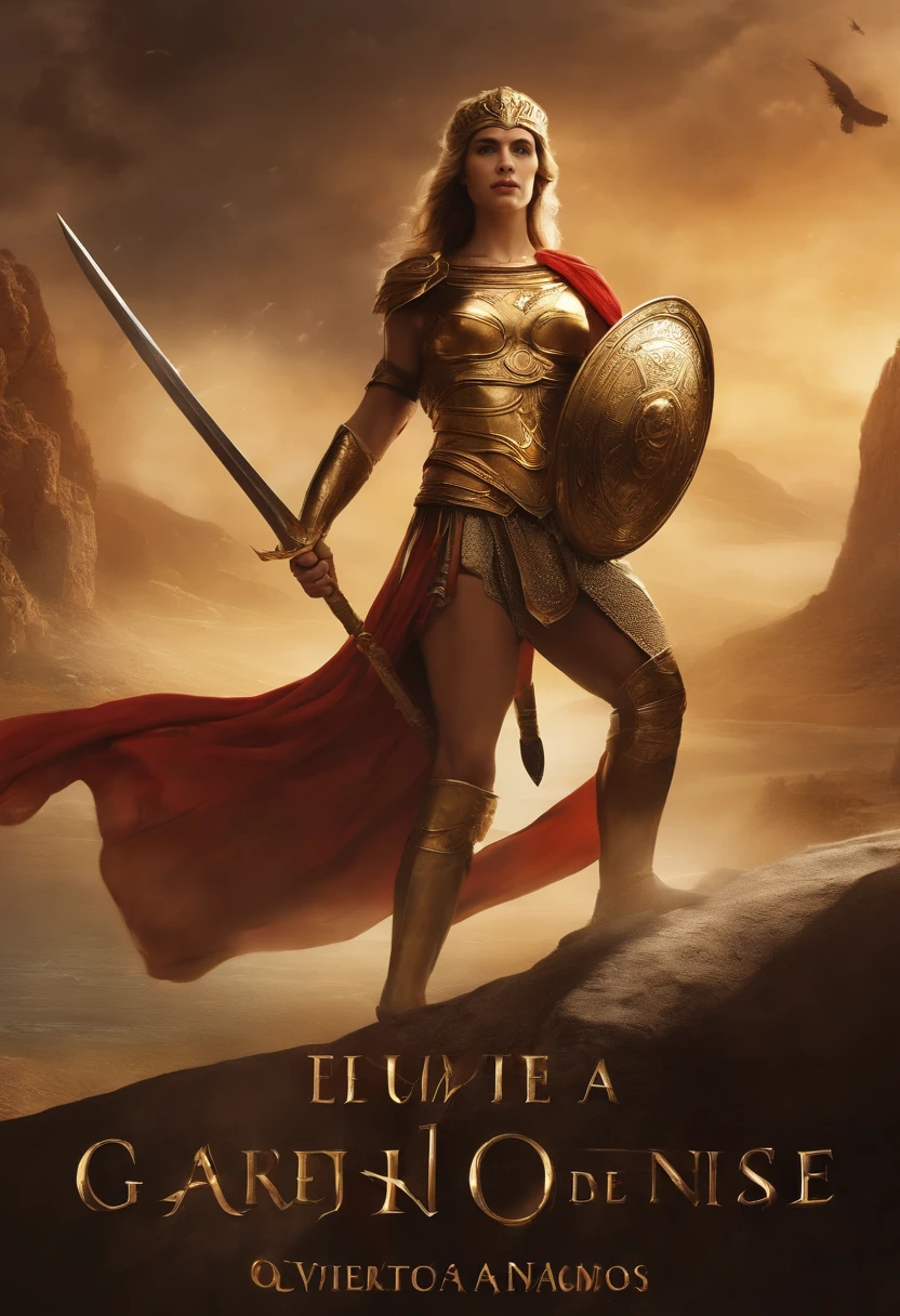 Develop a book cover that captures the essence of Greek mythology. The story is an epic adventure that mixes gods, Heroes and mythological creatures in a world full of magic and danger. The cover should feature a color palette that harks back to ancient Greece, com tons de azul, gold and white marble. No centro da capa, Highlight a hero or heroine in Greek armor, wielding a legendary weapon, com os deuses do Olimpo observando de fundo. acima, Type the title of the book in majestic gold letters and the author's name in smaller letters at the bottom. Make sure the cover conveys the feeling of adventure, mystery and wonder that readers will find in the pages of this engaging story.