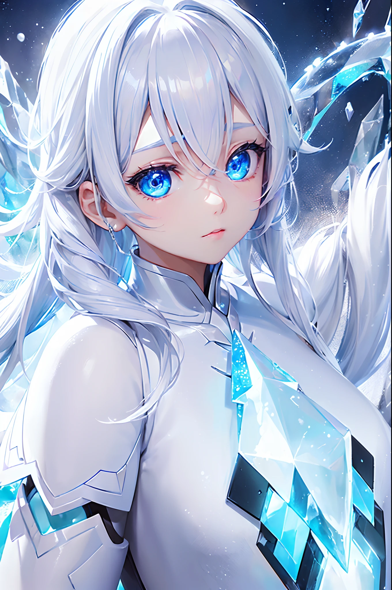 ((top-quality））、Girl Wearing Ice、White hair、Light blue eyes、Ice armor、（Fantastical）、cold、cute little、spotless