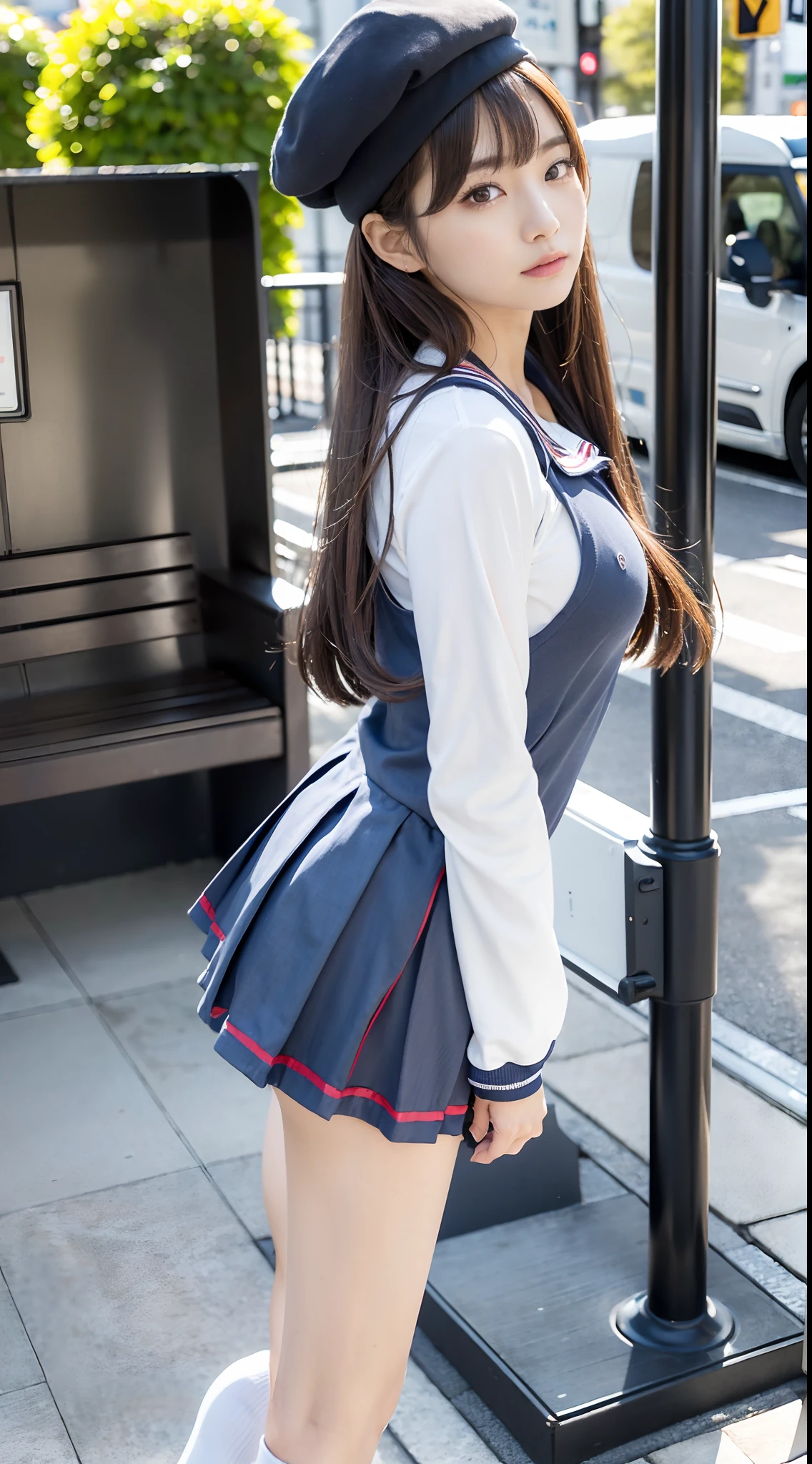 mix4, (16 K, Raw photography, Top image quality, masterpiece: 1.45), (realisitic, Photorealsitic: 1.37), one girls, 7.5, etc、Standing figure,Noon time slot、cute little, A city scape,, profetional lighting, photon maping, Cityscape with street trees, physically-based renderingt, Gradient dark brown hair,, a handsome, Well-groomed and beautiful eyes、Large double eyelids、Very shiny、girl with, (((student clothes、Long sleeve sailor suit worn by Japan girl、red cuffs、Dark blue mini skirt, Small gray beret、Dark blue knee-high socks、Black loafers))), Top Quality Photos, hight resolution, 1080p, (clearface), (Detailed face description), (Detailed hand description), (masterpiece), (Exquisite CG)、extreme light and shadows、dishevled hair、master work、abundant detail、(Fine facial features)、(top quality photo)、(masuter piece)、(A detailed eye)、Look in front of you、Fine clavicle、((Slender big))、(((Japan schooln long-sleeved sailor suit)))、((Ready Idol System))、((Boulevard with street trees、Bus stop、timetable、Benches))、(Shooting from random perspectives)、(((Anyway cute)))、耳Nipple Ring、A big smile、Drawing the whole body from the knees、Do not draw nasolabial folds、(((Long-sleeved sailor suit)))、(Big breasts that hang down big:0.9)、Big buttocks with tension、Two arms and two legs、(((from the front side:0.5)))、bare hand、No mask