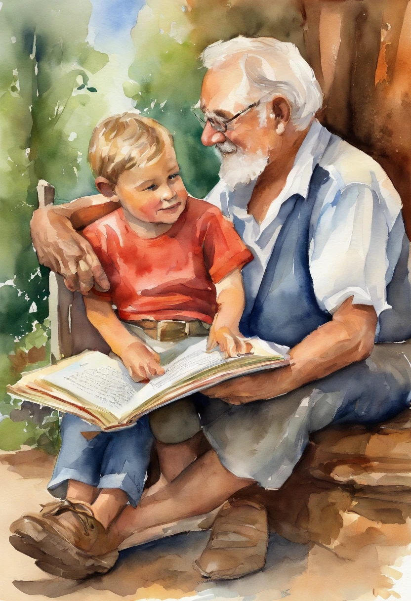 Grandfather talking to grandson with children's book