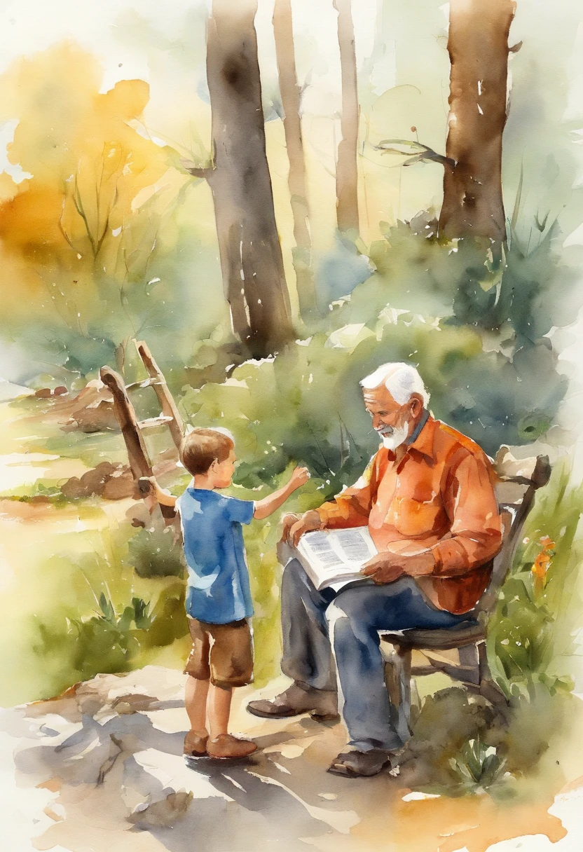 Grandfather talking to grandson with children's book