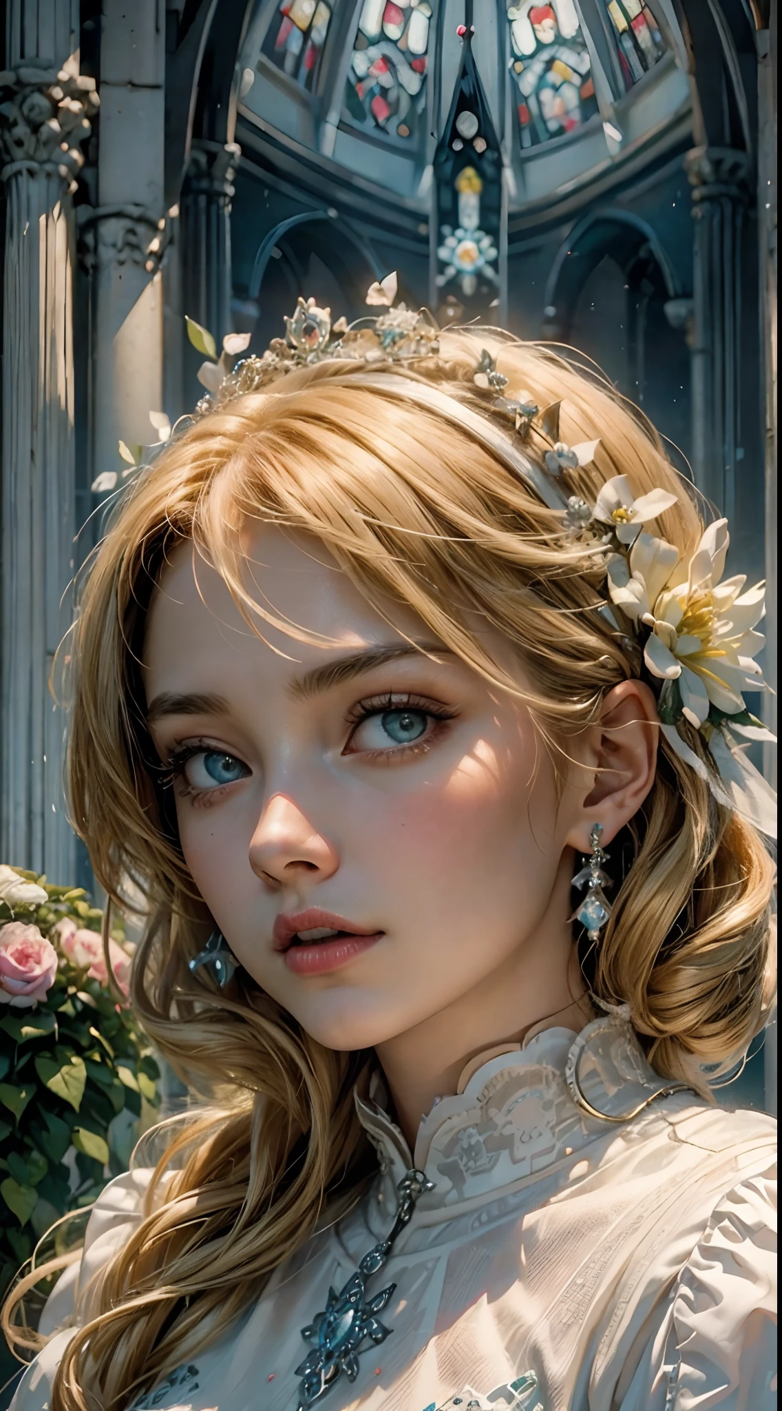 (in 8K、HDR. Hyper-Realism、masuter piece、ultra-detailliert、The ultra -The high-definition、Raw photography, top-quality, masterpiece:1.4、Sony A)、(((bride、wedding dress、the flower crown、Wedding in the old church、Light coming in from stained glass)))、( woman、Russian woman、Slavic、a short bob、bobhair、a blond、)、(Pretty Woman、detailed beautiful faces、Detailed skin)
