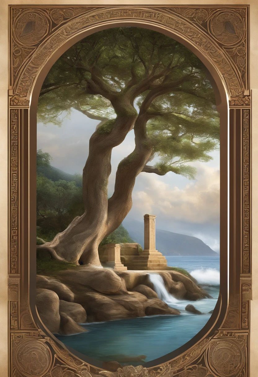 Create a book cover that conveys the magical and mysterious atmosphere of Greek mythology. The story takes place in a world where the Greek gods walk among mortals and where ancient myths intertwine with everyday life. Na capa, Highlight a stunning backdrop of an ancient Greek temple, partially shrouded in mist, on seashore, com o Monte Olimpo ao fundo, cercado por nuvens. In front of the temple, insert an enigmatic figure, who can be a god or a heroine, wearing a classical Greek garb and holding a magical artifact. As cores predominantes devem ser azuis profundos e dourados, com toques de verde para representar a natureza exuberante. The title of the book should be displayed in elegant old letters at the top, enquanto o nome do autor aparece discretamente na parte inferior da capa. Ensure the cover conveys the sense of wonder and fascination that readers will find as they delve into Greek mythology within the book.