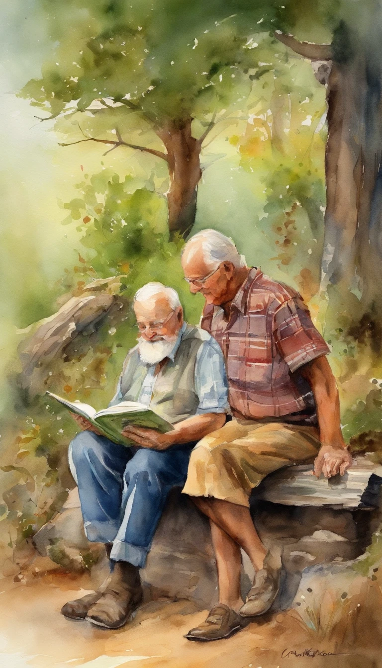 Grandfather talking to grandson with children's book