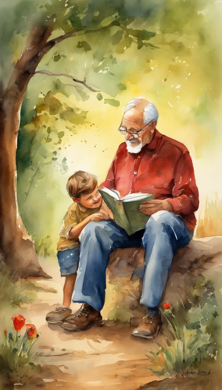 Grandfather talking to grandson with children's book
