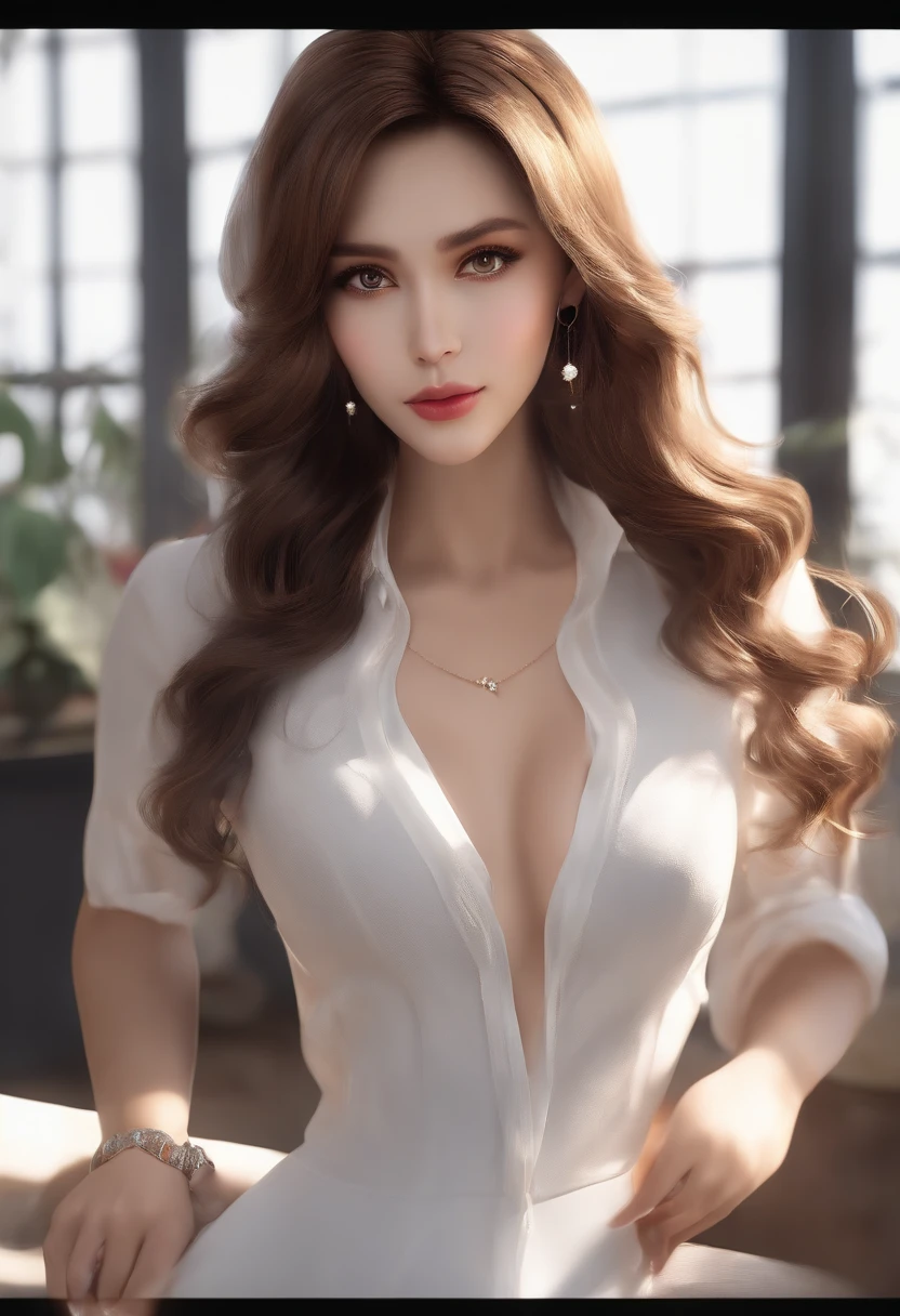 ((Best quality, 8k, Masterpiece :1.3)), 1girl, Pretty woman with emphasizing slender abs :1.3, (long wavy brown hair, big breasts :1.2), dress shirt :1.2, Ultra-detailed face, Detailed eyes, Double eyelid