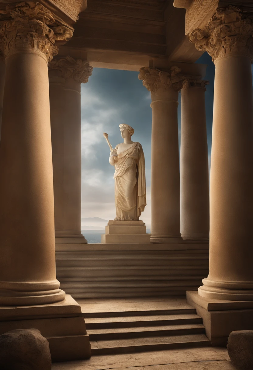 Create a book cover that conveys the magical and mysterious atmosphere of Greek mythology. The story takes place in a world where the Greek gods walk among mortals and where ancient myths intertwine with everyday life. Na capa, Highlight a stunning backdrop of an ancient Greek temple, partially shrouded in mist, on seashore, com o Monte Olimpo ao fundo, cercado por nuvens. em frente ao templo, insert an enigmatic figure, who can be a god or a heroine, wearing a classical Greek costume and holding a magical artifact. As cores predominantes devem ser azuis profundos e dourados, com toques de verde para representar a natureza exuberante. The title of the book should be displayed in elegant old letters at the top, enquanto o nome do autor aparece discretamente na parte inferior da capa. Make sure the cover conveys the sense of wonder and fascination that readers will find when delving into Greek mythology within the book.
