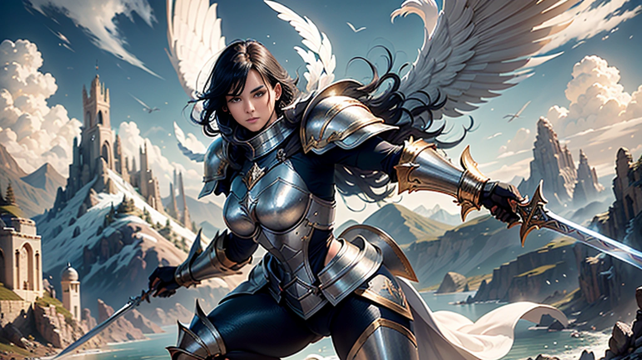 Create a high-quality image of a woman wearing full-body golden armor. She is depicted in a majestic pose, proudly standing amidst a grandiose backdrop. Her armor gleams with the brightness of gold, reflecting the sunlight streaming through the clouds. Her hair cascades over her shoulders, framing her determined and confident face. In her hands, she holds a sword or shield, ready to defend her cause with bravery. In the background, an epic landscape of towering mountains and a vast, infinite sky. This woman is a vision of power and nobility, a fearless leader ready to face any challenge that comes her way.