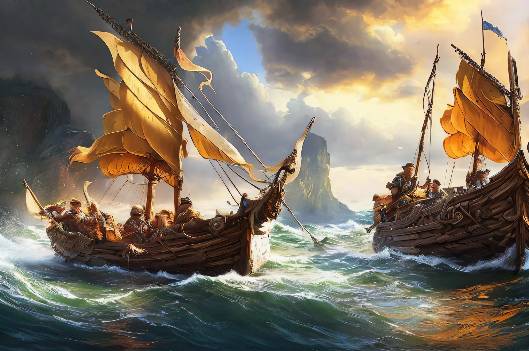 scene of a viking boat, 3 people, bustling sea, storm, sunlight, glow, scenery concept art, overgrowth. by Renoir , relaxing concept art, traditional classic concept art, a beautiful artwork illustration. high detail, background art, detailed concept art, environment design illustration, concept art highly detailed
