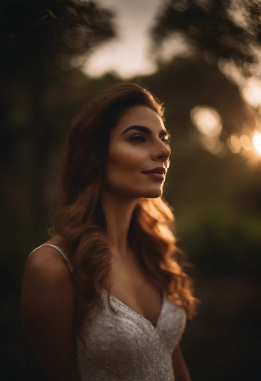 mulher brasileira, cintura fina, semi nua, aparencia sensual, sexy, cabelos longos, cabelos flutuantes, lush lips, jardim colorido, pequeno lago, foto real, cinematografico, lente 35mm, desfoque no fundo, por do sol, Bokeh, 4k, HDR, Hiper-realismo,