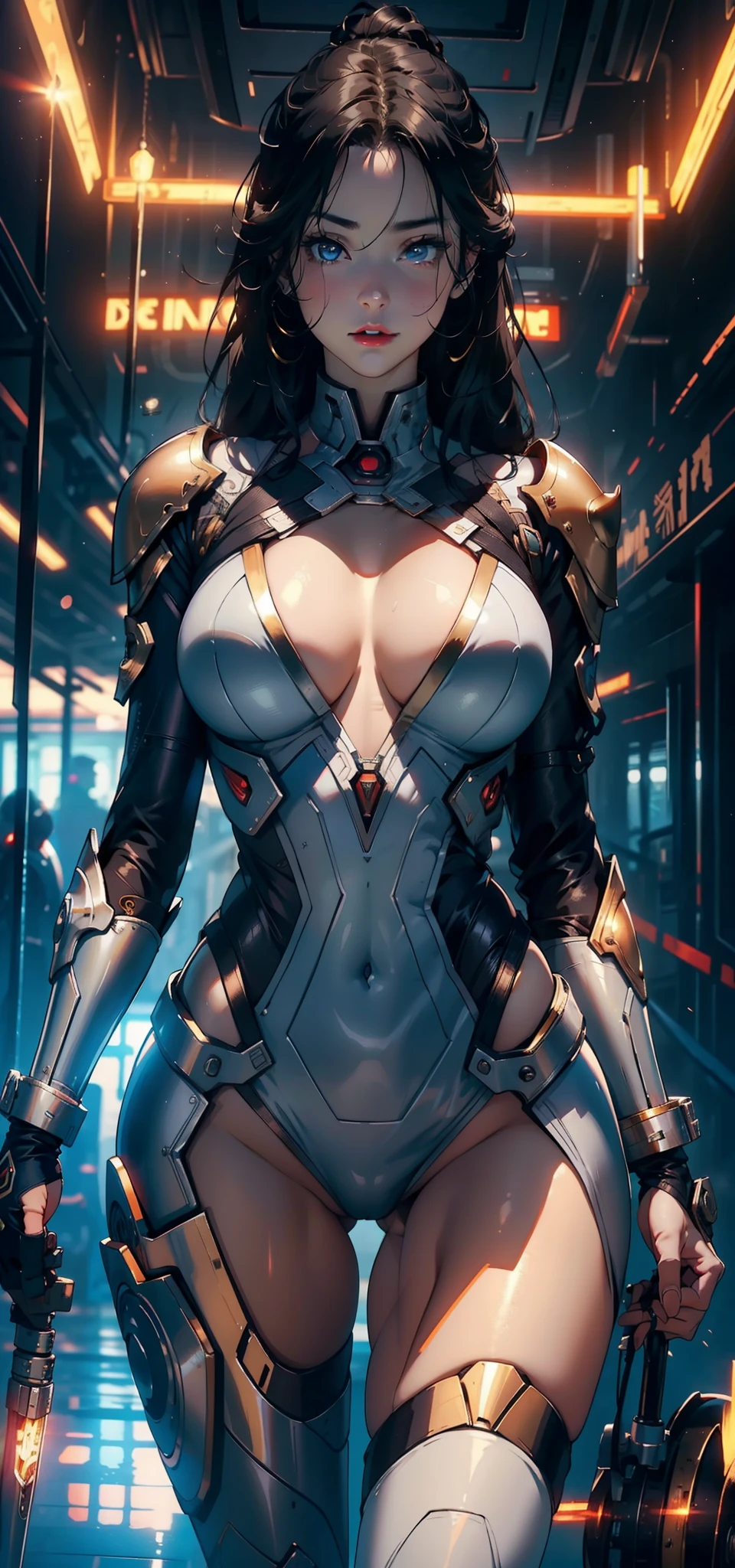 1female,35yo,plumw,extremely large ?????, 独奏,(Background with:Huge machinery,droid,aerodrome,Planes,Huge mechanical armor,) She has long black hair,Stand on the plane,,seen from the front, hair straight, mostly cloudy sky,(((tmasterpiece),(Very detailed CG unity 8K wallpaper),best qualtiy,cinmatic lighting,detailed back ground,beatiful detailed eyes,Bright pupils,Blue eyes,Snow-whiteskin,Redlip(Very fine and beautiful),(Beautiful and detailed eye description),ultra - detailed,tmasterpiece,))facing at camera,A high resolution,ultra - detailed),revealing breasts,Bare genitalia, Bulge,legs are open,Raised sexy,Camel toes,Flushed complexion,Desire for dissatisfaction,frontage,British Air Force,Aviator,(Wearing:blazer jacket,tailcoat,White color blouse,Black pantyhose,Iron Man armor,Gold wire embroidery,Armour,Bare breasts)cyber punk style