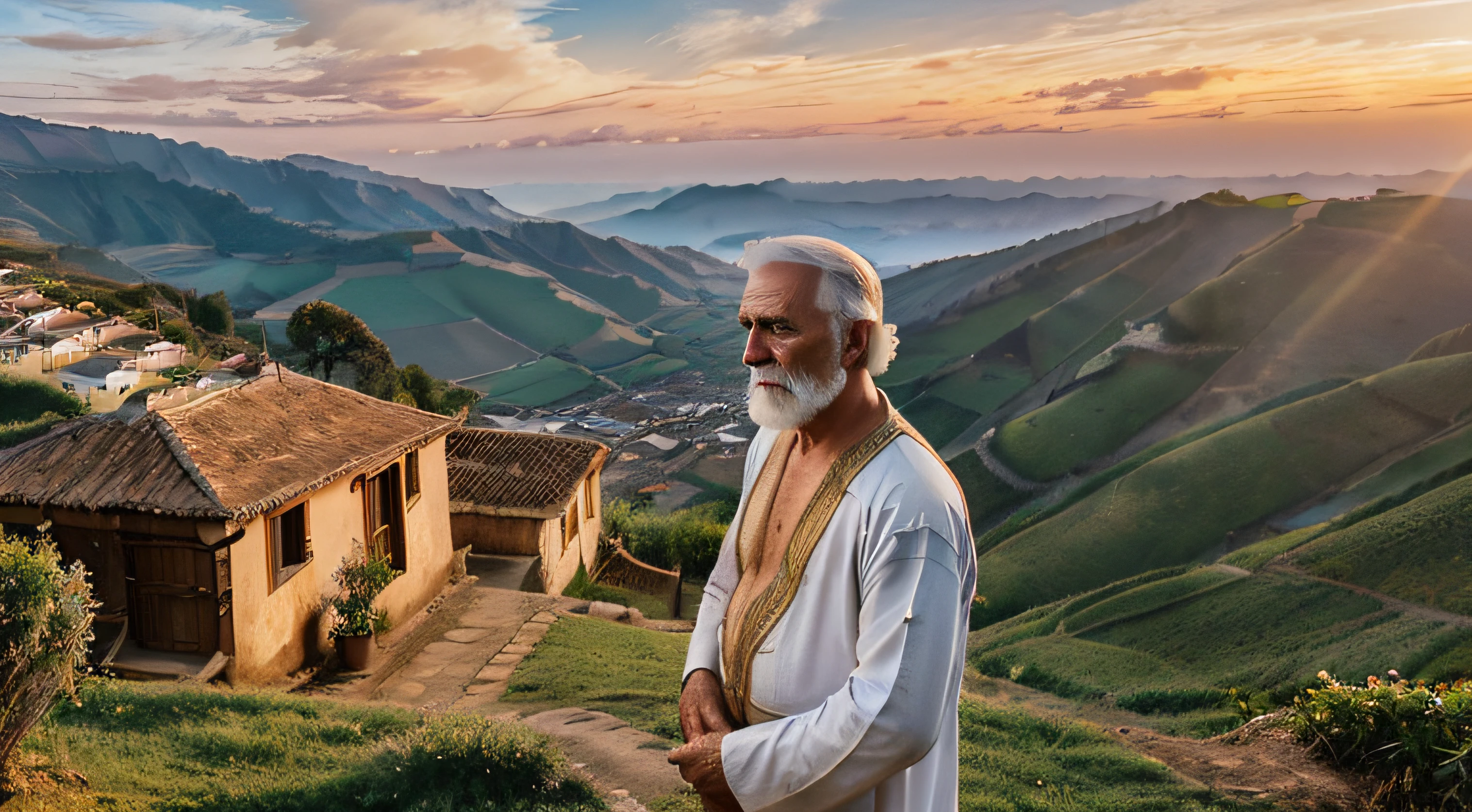 (((1 wise elder, old man, Traje de eremita azul claro, cabelos brancos, barba branca, olhar profundo))), (((monge))), sentado conversando com um homem, (((1 Homem adulto, 30 anos, traje de uma aldeia rural, cabelos escuros, barba escura, olhar angustiado))), (((eremita))), The sunset casts a golden light over the picturesque village, destacando as casas de madeira e a paisagem rural circundante. The air is calm and serene, Creating a climate of expectation and hope