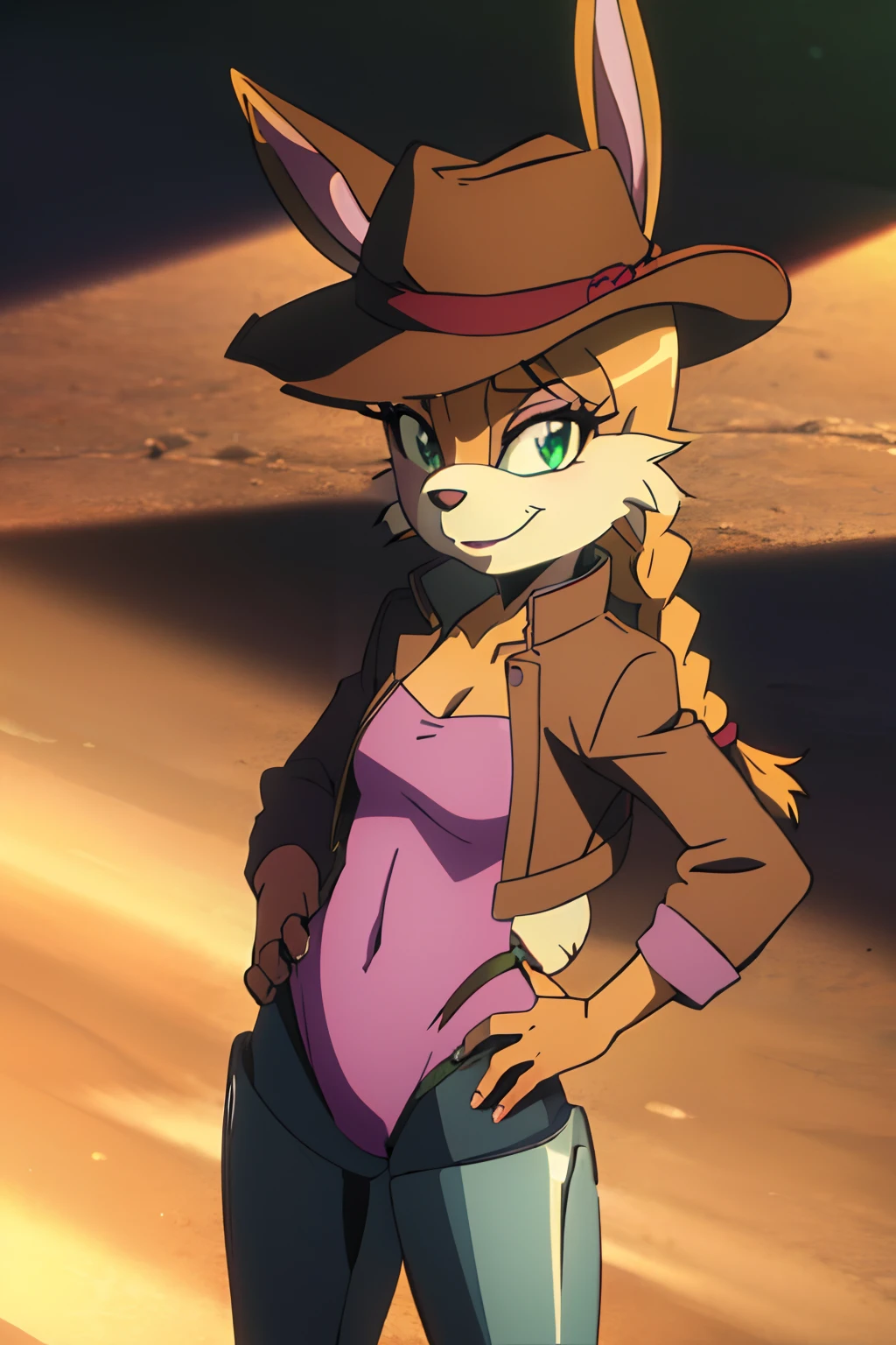 upper body, masterpiece,8k, best quality,insanely detailed, ((masterpiece)),subsurface scattering, detailed, good hands, 1girl,solo,wide hips,good eyes, ray tracing,bunnierabbot,furry, furry female, busty, pink leotard, Brown cowboy hat, brown jacket,cyborg, hair tied back in a single, long braid, violet eyelid, green eyes, pistol belt, floped ears, desert, smirk, (((hand on hip))), ((tipping hat)))