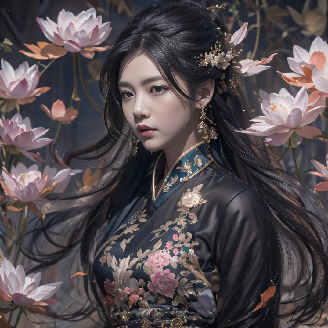 32K（tmasterpiece，k hd，hyper HD，32K）Long flowing black hair，ponds，zydink， a color， Xuzhou people （Silly girl）， （Silk scarf）， Combat posture， looking at the ground， long whitr hair， Floating hair， Carp pattern headdress， Chinese long-sleeved clothing， （abstract ink splash：1.2）， Pink petal background，Pink and white lotus flowers fly（realisticlying：1.4），Black color hair，Fallen leaves flutter，The background is pure， A high resolution， the detail， RAW photogr， Sharp Re， Nikon D850 Film Stock Photo by Jefferies Lee 4 Kodak Portra 400 Camera F1.6 shots, Rich colors, ultra-realistic vivid textures, Dramatic lighting, Unreal Engine Art Station Trend, cinestir 800，Long flowing black hair，Denim skirt