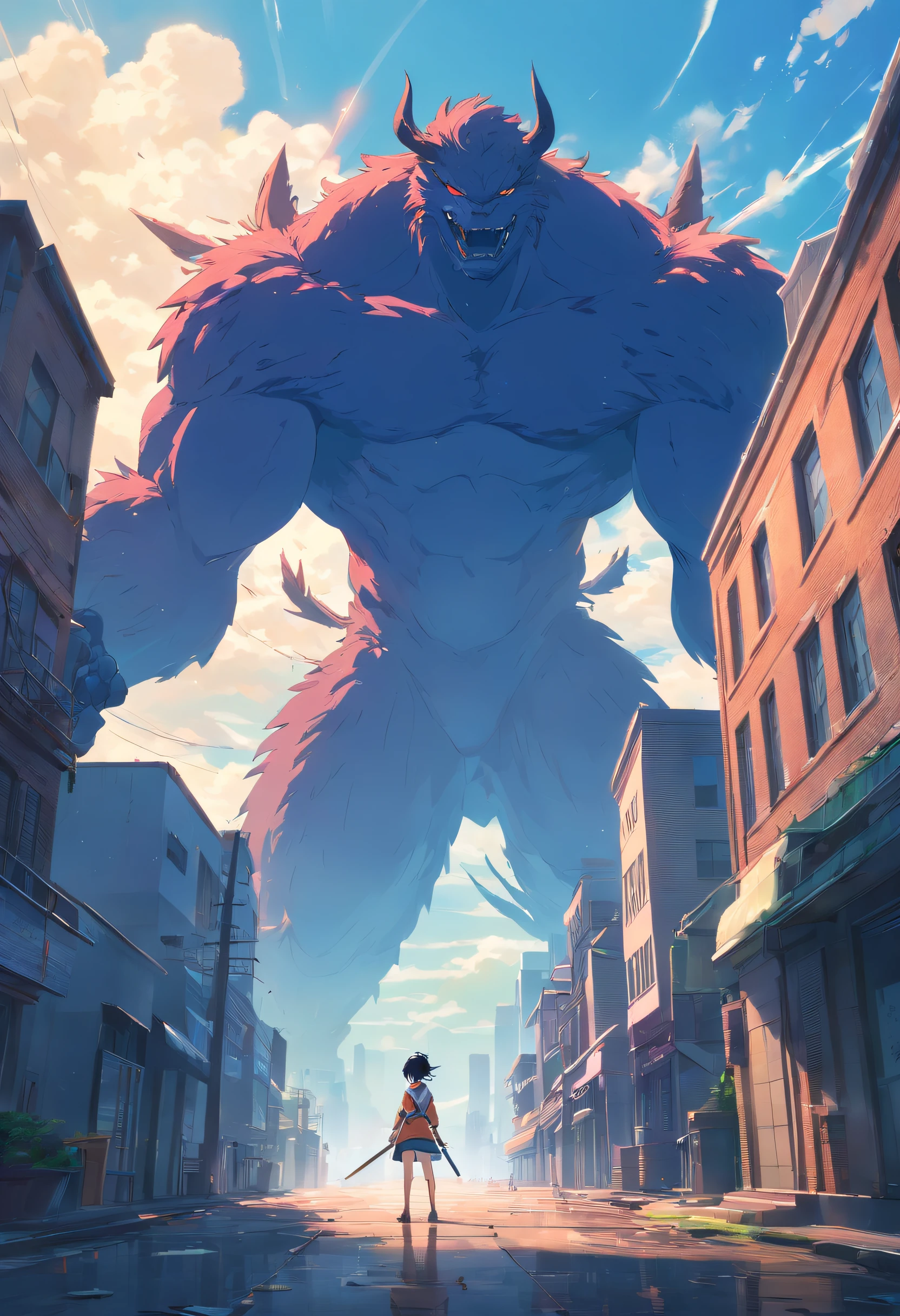 Landscape, damage bulding, monster on sky, one man holding sword, cinemetic lighting effetc