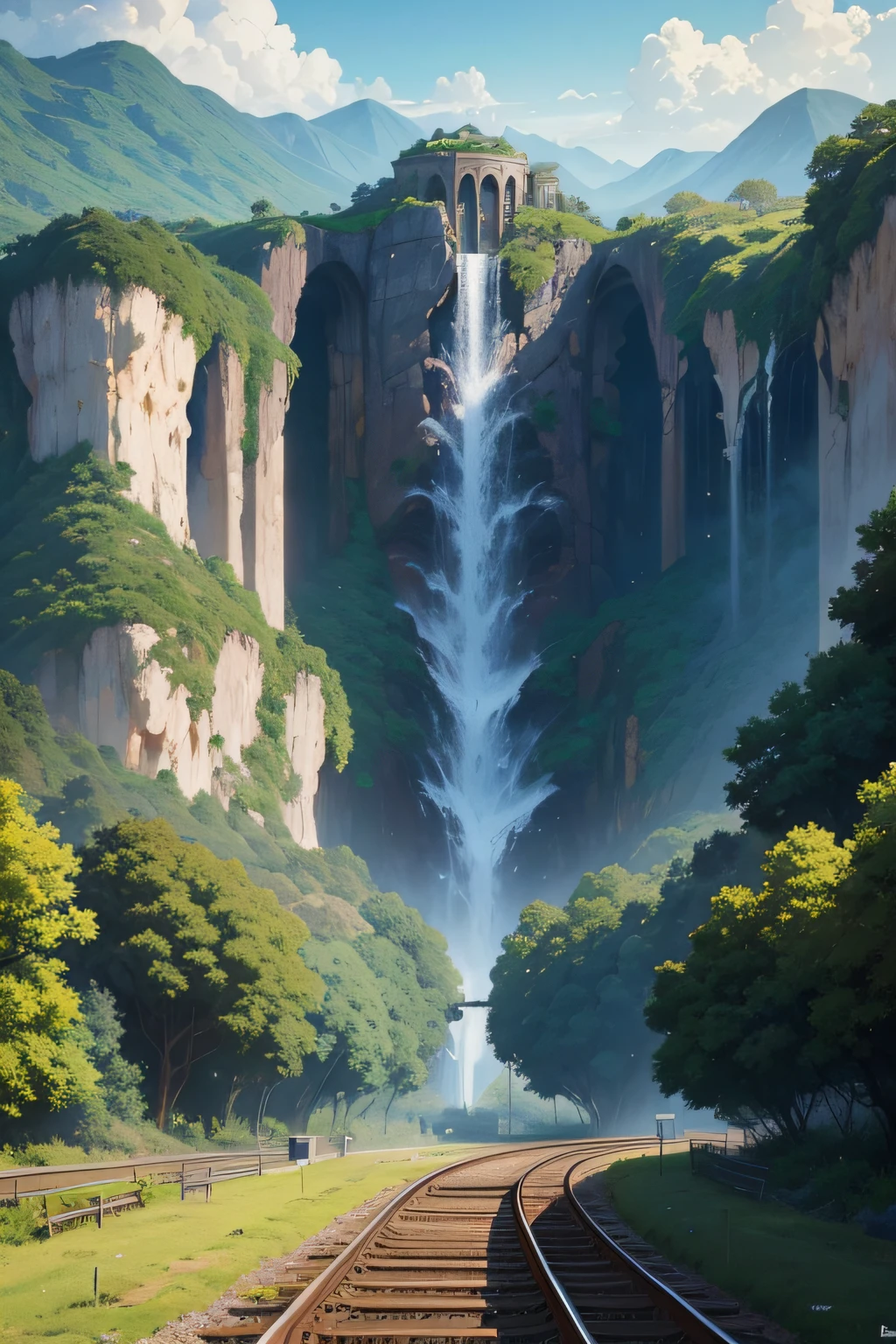 There is a beauty standing on the train tracks, com sinais, arte de paisagem, arte de fundo do anime, Arte de Loepfe, Detailed scenery – width 672, Detailed landscape art, Estilo de arte Loepfe, Bela paisagem de anime, feito com anime painter studio, arte de fundo, anime country landscape, Arte bonita UHD 4K, Anime Art Wallpaper 8K, Paisagem do anime