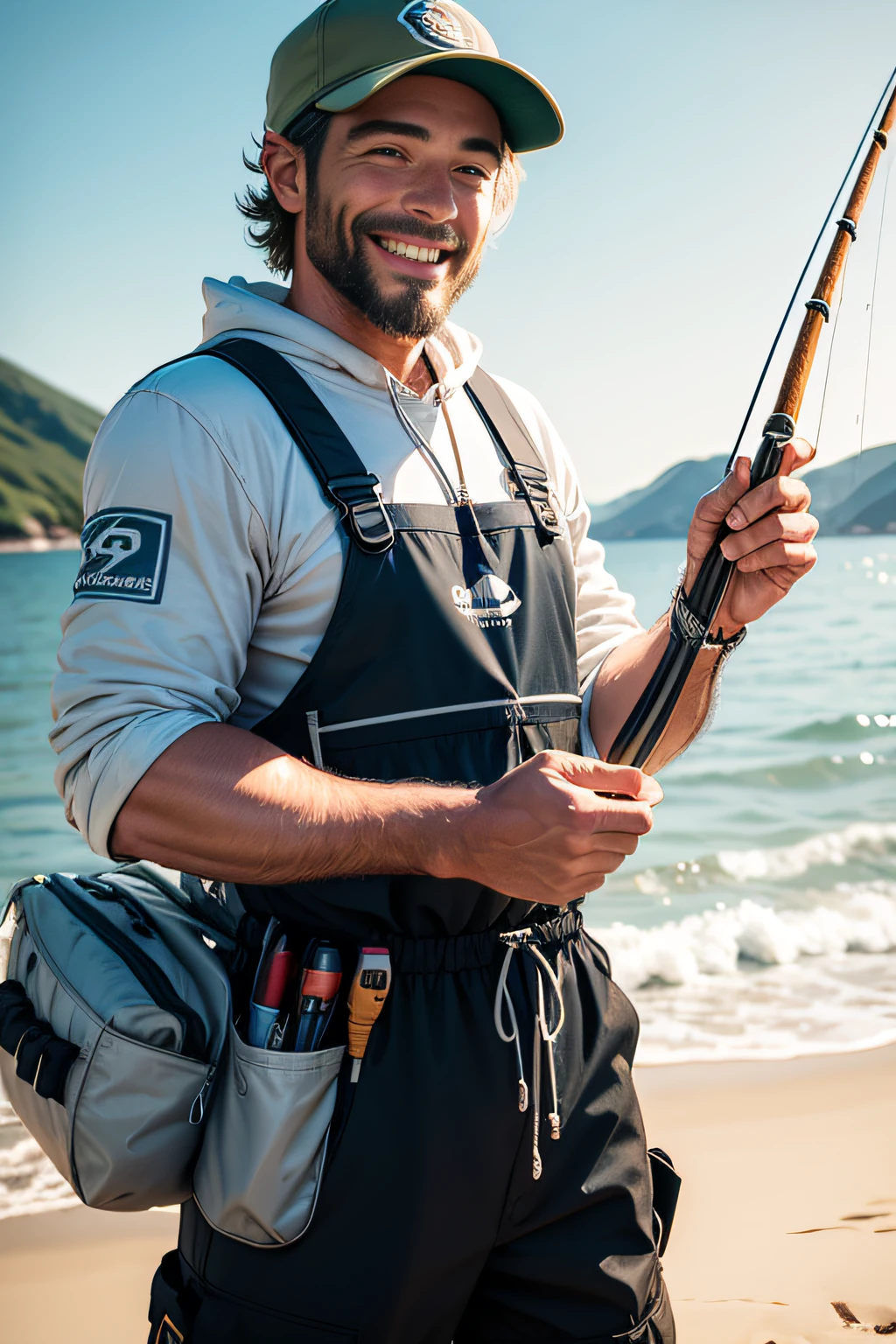 Fisherman smiling with fishing gear in hand and holding a fish in the other hand. Background branco.