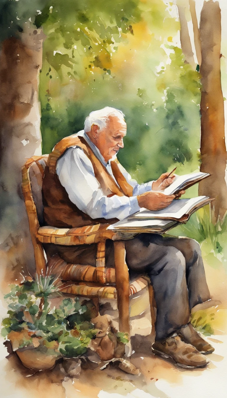 Grandfather talking to grandson with children's book