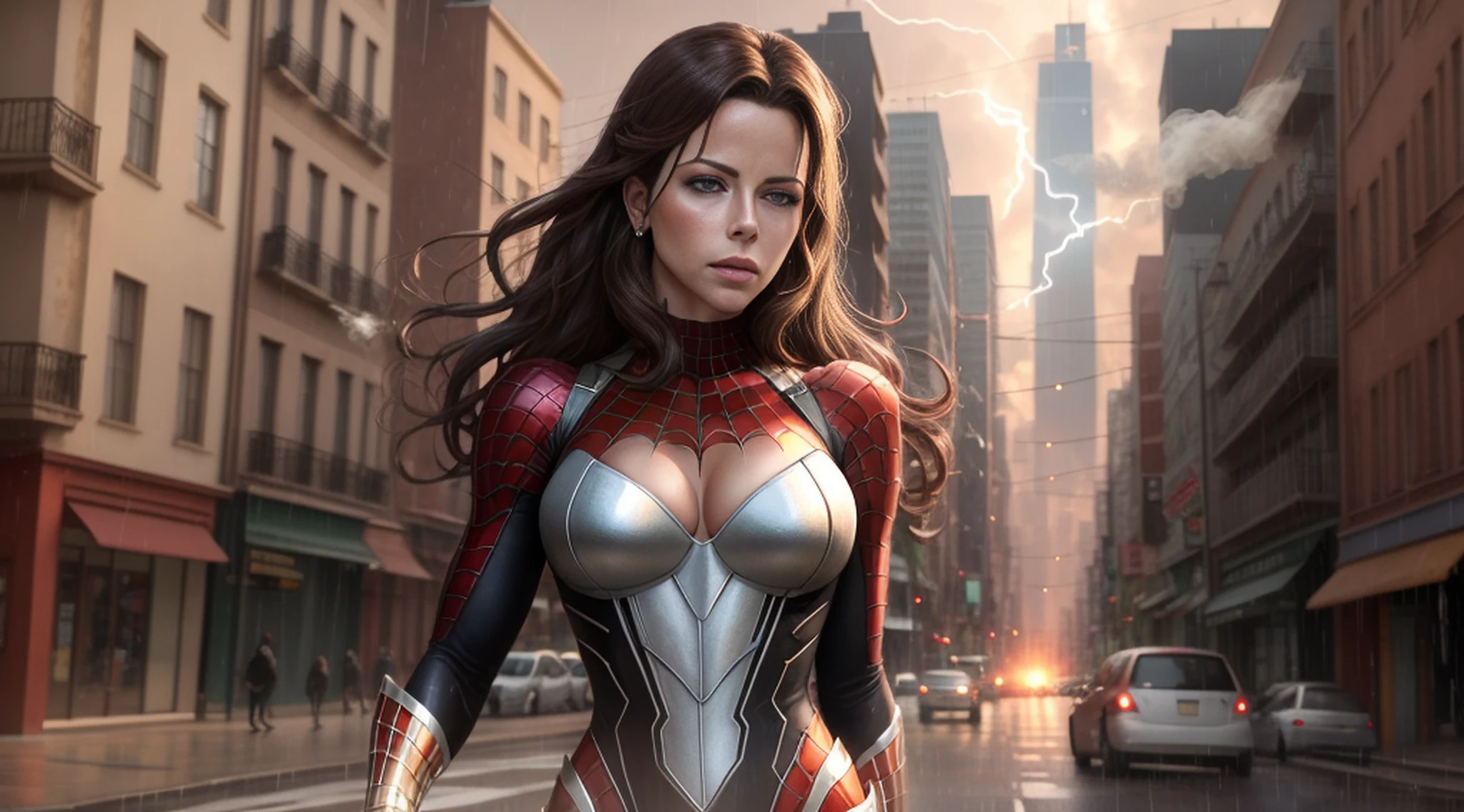 Kate Beckinsale em traje marrom detalhado do Homem-Aranha, seios grandes, super hero pose, Standing in the city raining at sunset, hiperdetalhado, smoke billowing, Sparks, raios solares, (8k), realista, symmetr, Concedido, cinematographic lightning, Encharcado, Filmes, 75 millimeters, Scratches, foto de corpo inteiro, Close-up, roupas rasgadas e sujas, rosto detalhado