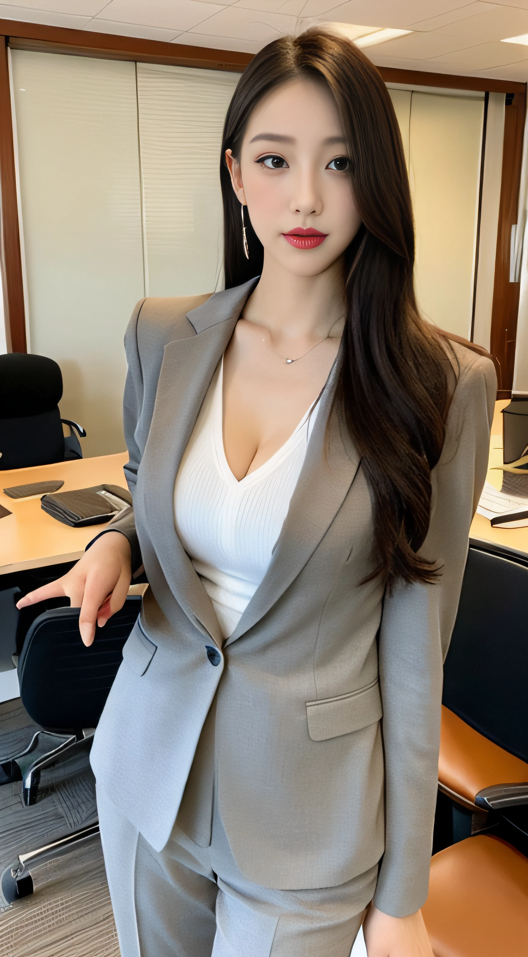 Commuter bus、, Highest quality, shape, Very detailed, In detail, High resolution, 8k wallpaper, Perfect dynamic composition, Beautiful details, Natural Lip, suit, Big Breasts, Cleavage, She is looking outside and smiling.., A masterpiece of the whole body, Full Body Shot