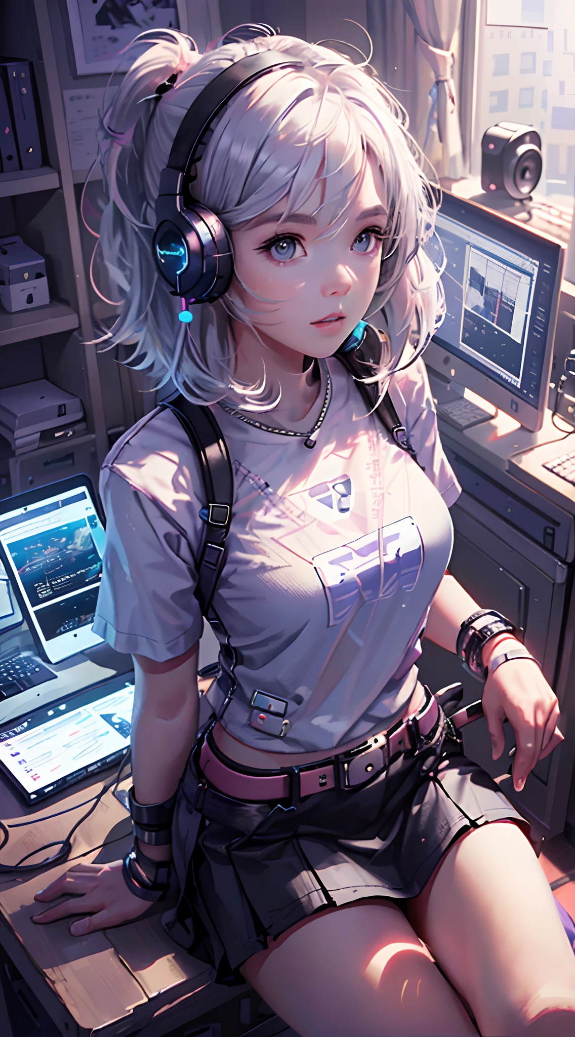 A girl playing with computer in study, white hair, tech-style, pink, purple, blue, monitor, keyboard, notebook, desk, computer host, mobile phone, mouse, stereo, illustration, iphone, mac, MacBook, AirPods pro, wireless headphones, short-sleeved t-shirt, short skirt, wide-angle lens, (full body photo)