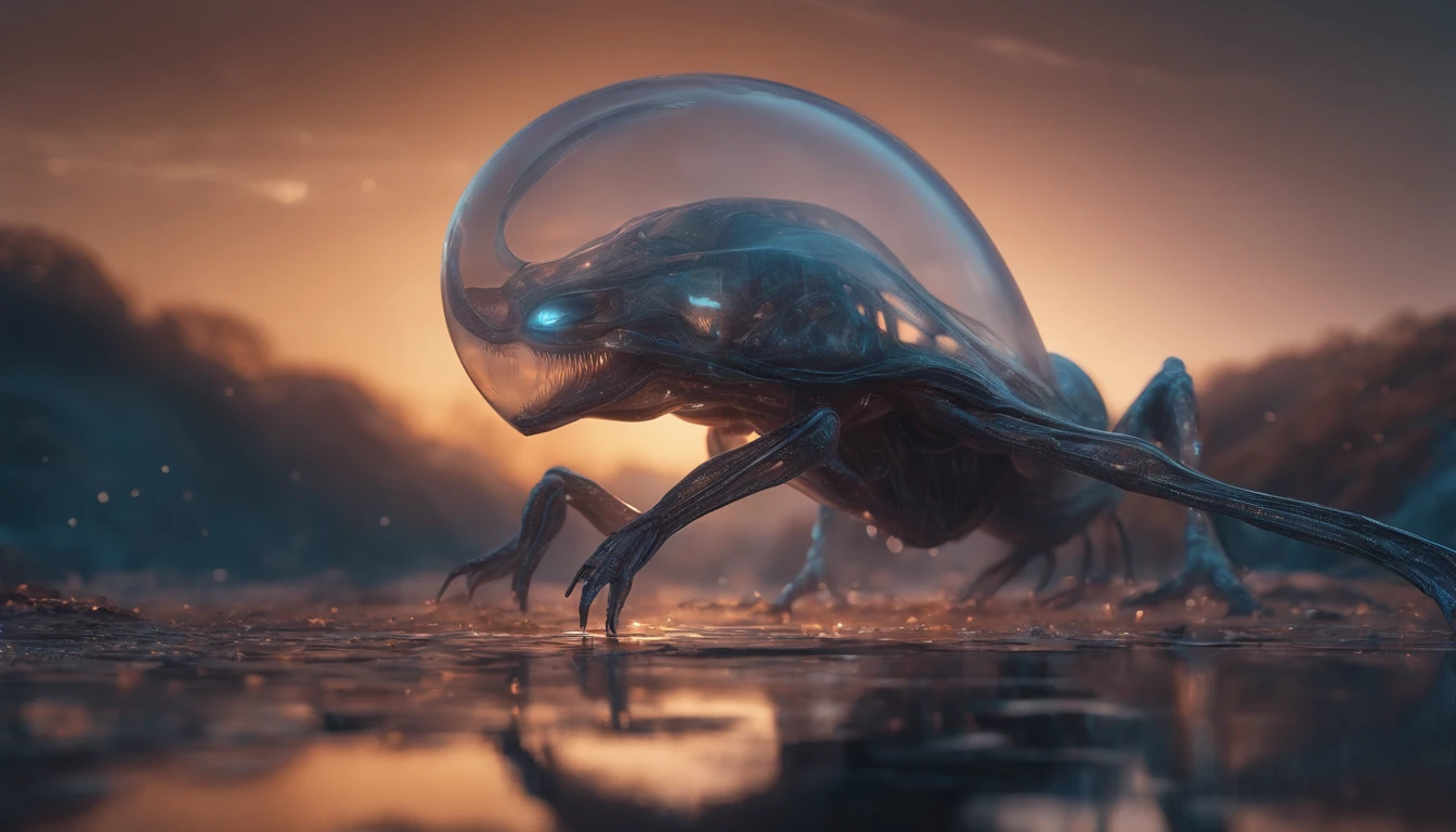 Transparent ethereal alien creatures，中景 the scene is，Full body like， highly detailed surreal vfx，oc rendered，Shot with 70 mm - AR 16:9 --q 2 --s 1000