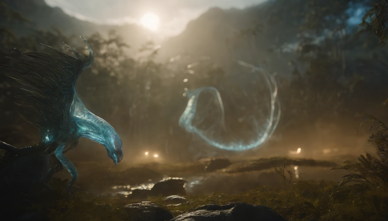 Transparent ethereal alien creatures,中景 the scene is,Full body like, highly detailed surreal vfx,oc rendered,Shot with 70 mm - AR 16:9 --q 2 --s 1000