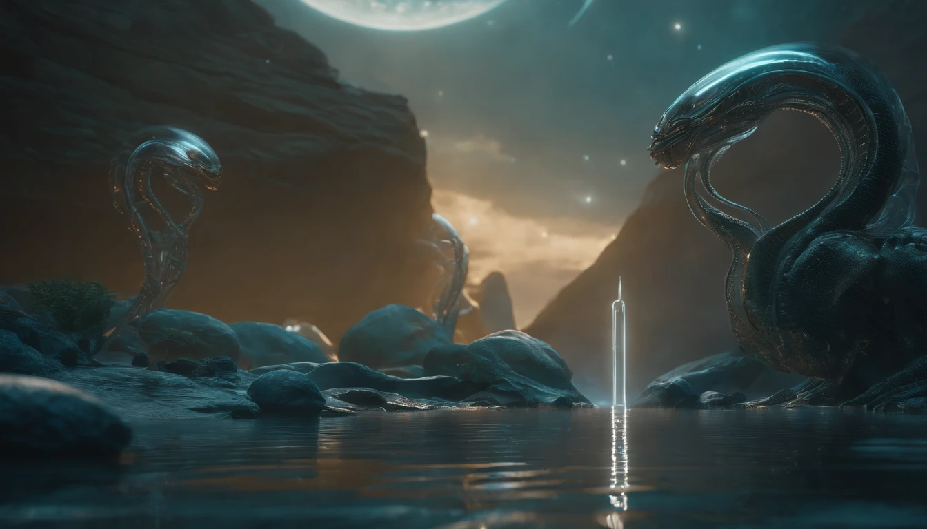 Transparent ethereal alien creatures,中景 the scene is,Full body like, highly detailed surreal vfx,oc rendered,Shot with 70 mm - AR 16:9 --q 2 --s 1000